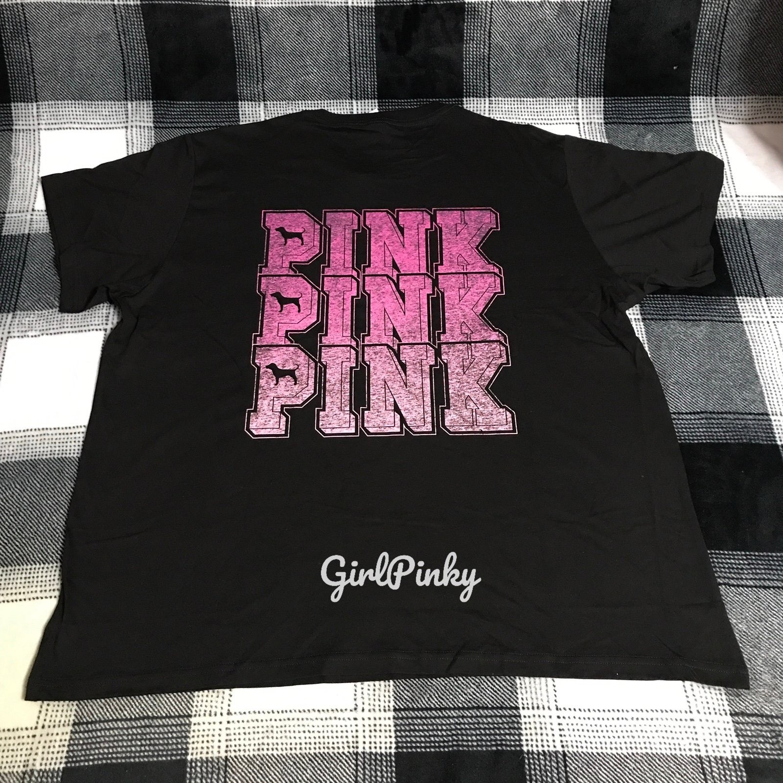 VS PINK BLACK FRIDAY SS CAMPUS COTTON TEE IN BLACK PINK & MINI DOG LOGO LARGE
