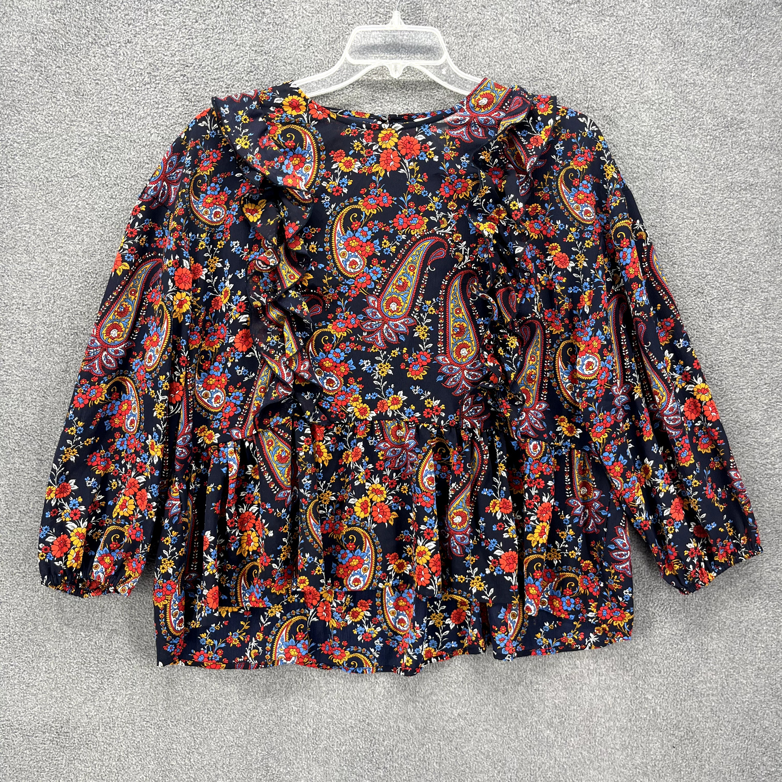 H&M Top women 14 Blue red Floral Ruffle Long Sleeve Flared crew neck Blouse