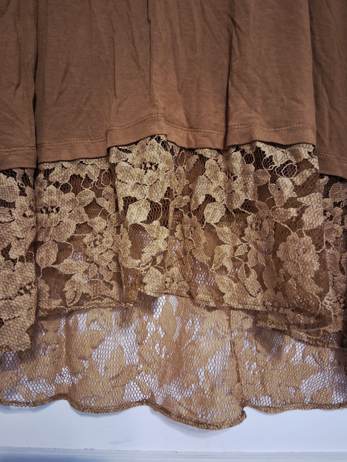 Lace Hem Tunic Top Shirt Sweater Womens Medium Gold Brown 3/4 Sleeve Fairy Boho