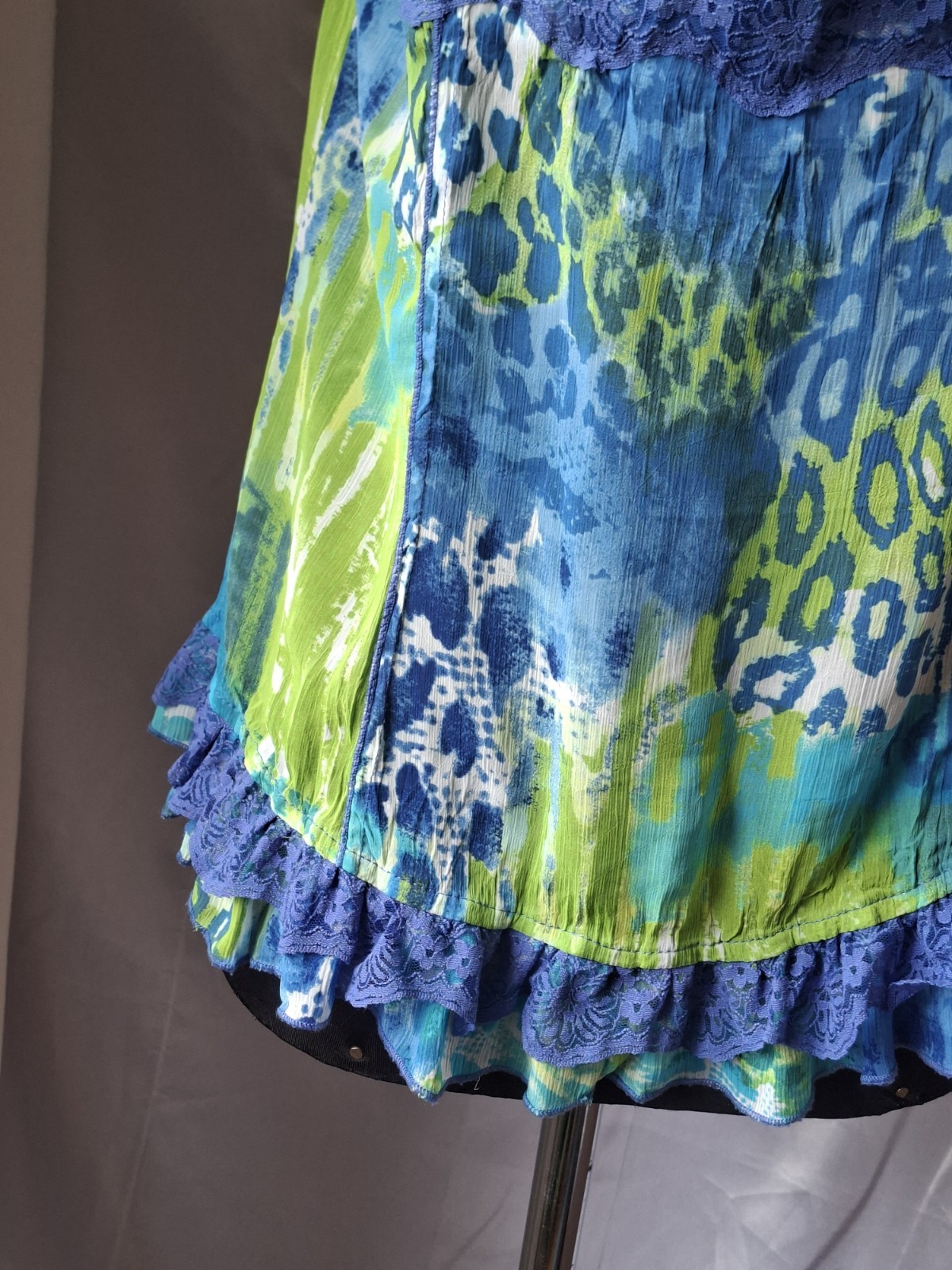 Y2K Per Una Festival Ruffle Hem Boho Fairy Cami Top Lace Trim Blue Green Tunic