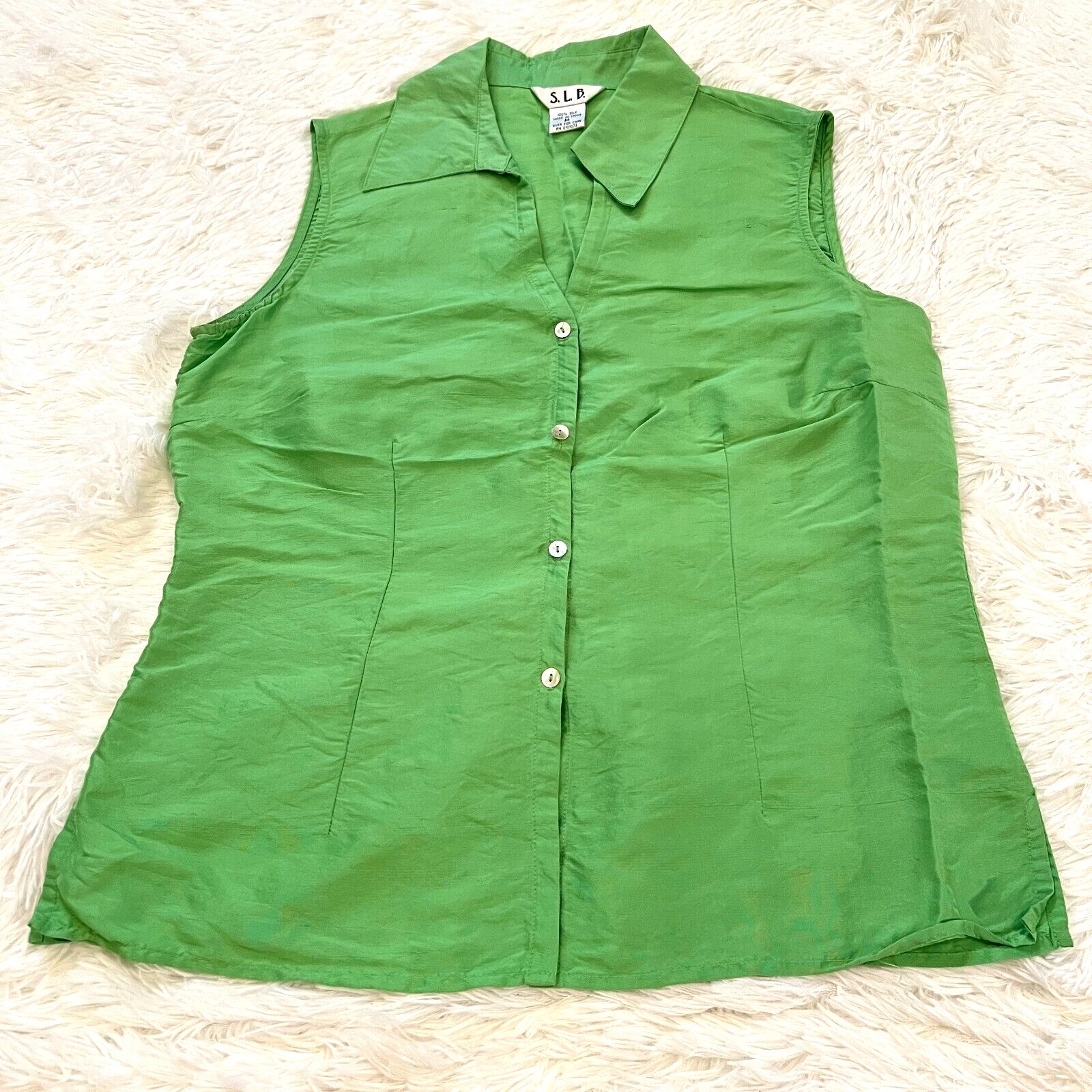 SLB Womens Top Silk Button Up Medium Forest Retro Sleeveless Minimalist 14801