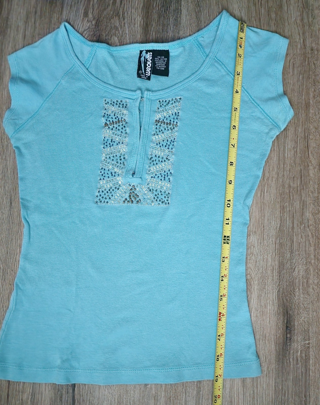 Weavers Aqua Blue Cap Sleeve Top Sequin Front Hook Eye Junior S Lightweight Y2k