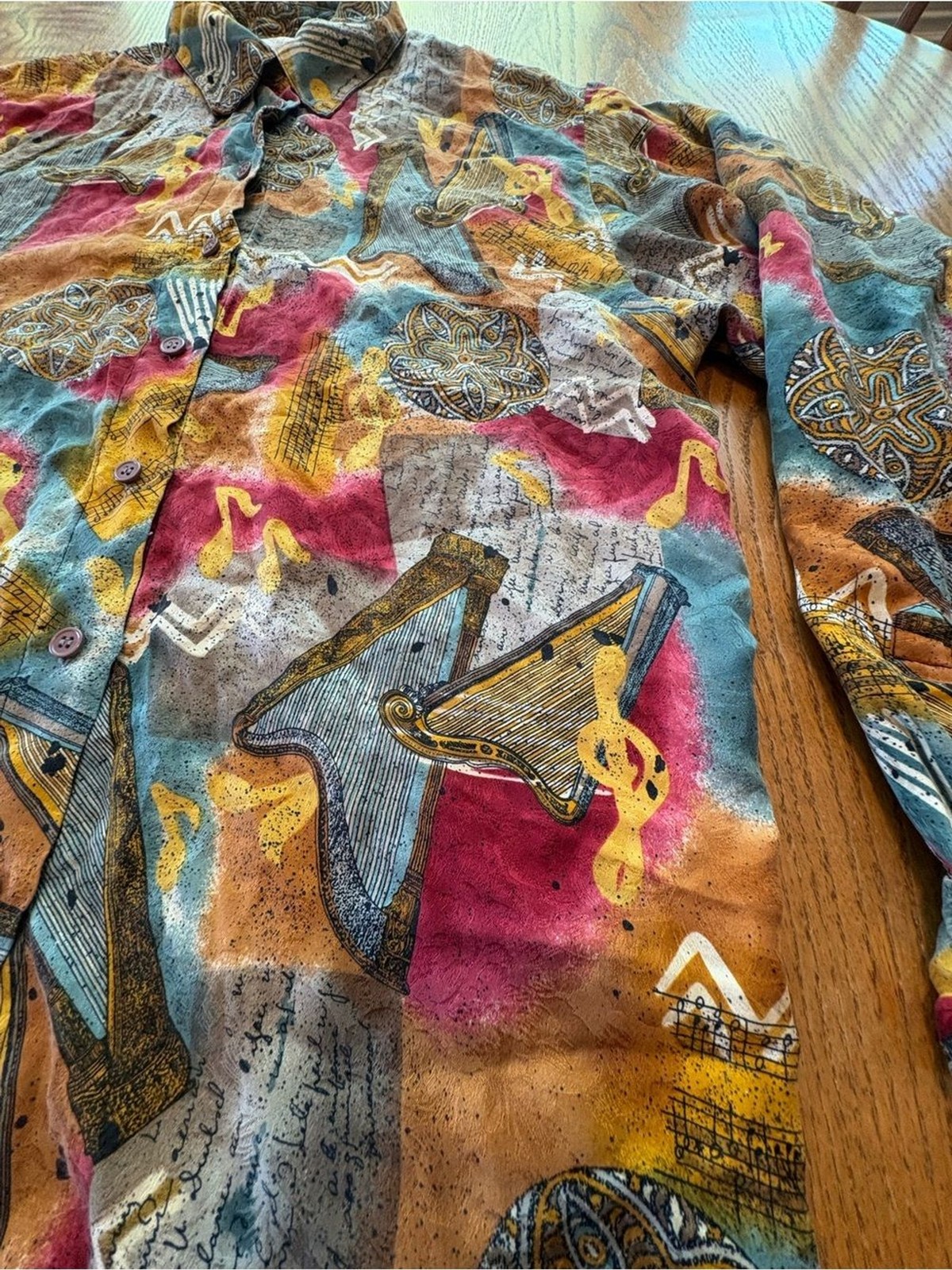 Vintage 80’s-90’s Harp Music Print Silk Blouse Top Size 10 Teal Gold Red