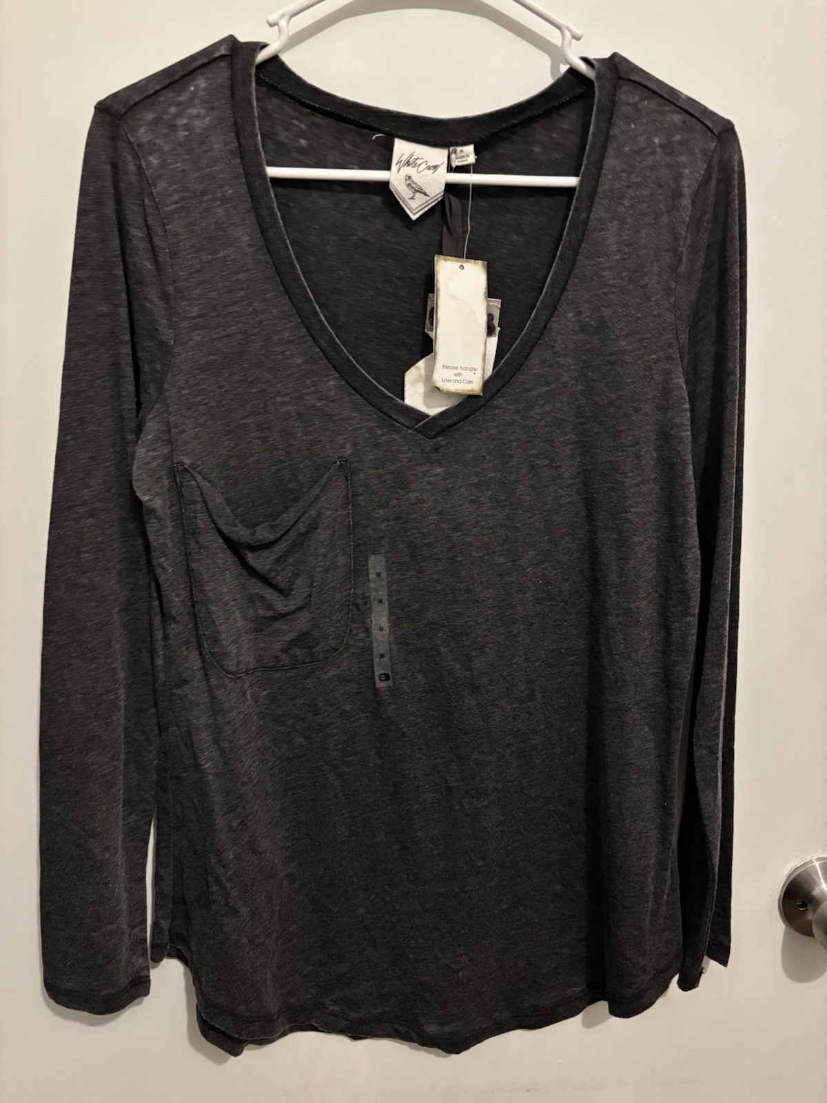 Grey White Crow V neck long sleeve top Size Medium
