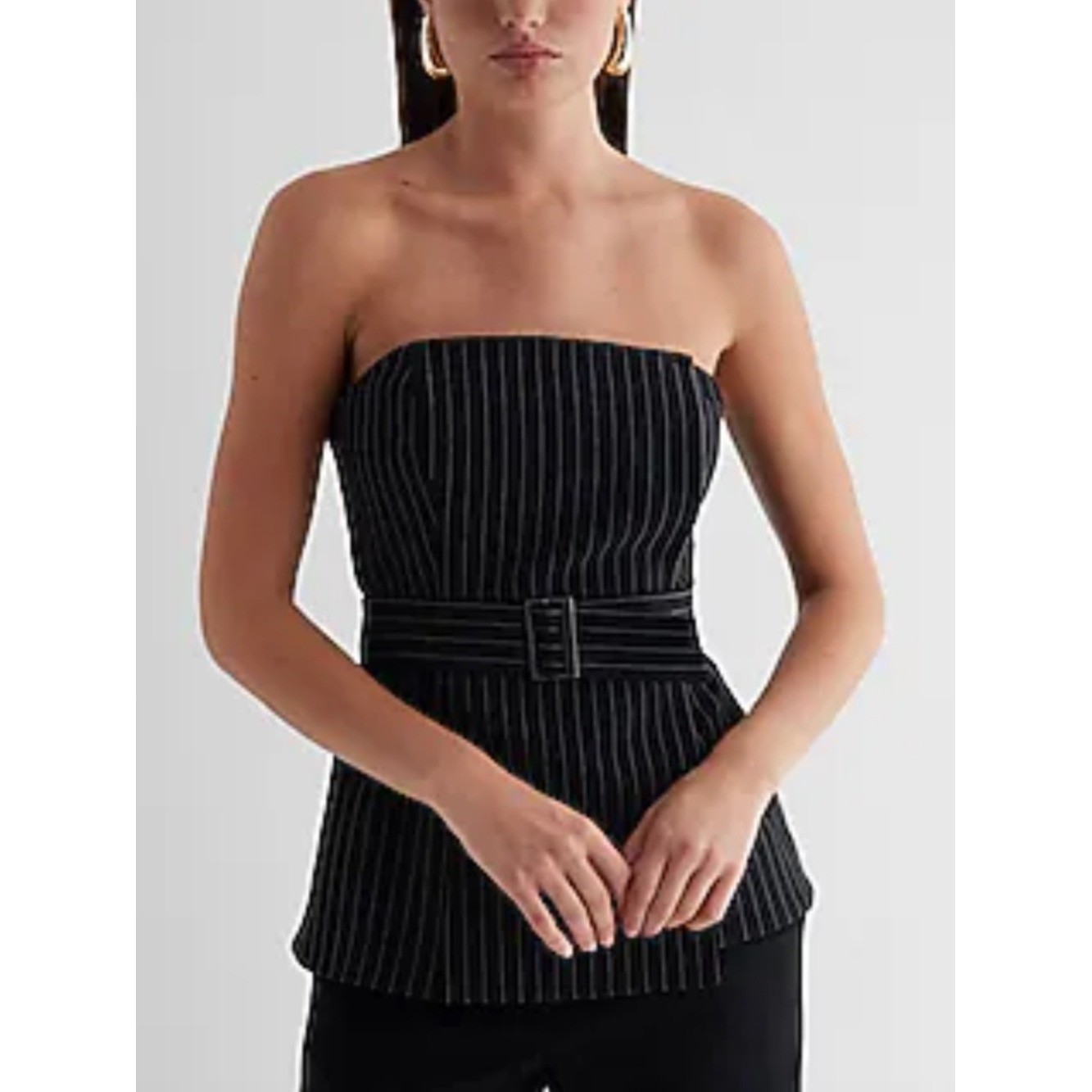 Express Pinstripe Faux Wrap Belted Strapless Tube Top SZ XL in Black NEW