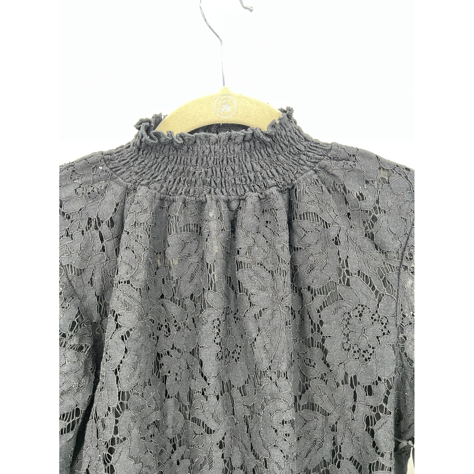 1.STATE Womens Rich Black Lace Smocked Mock Neck Blouse Small NWT