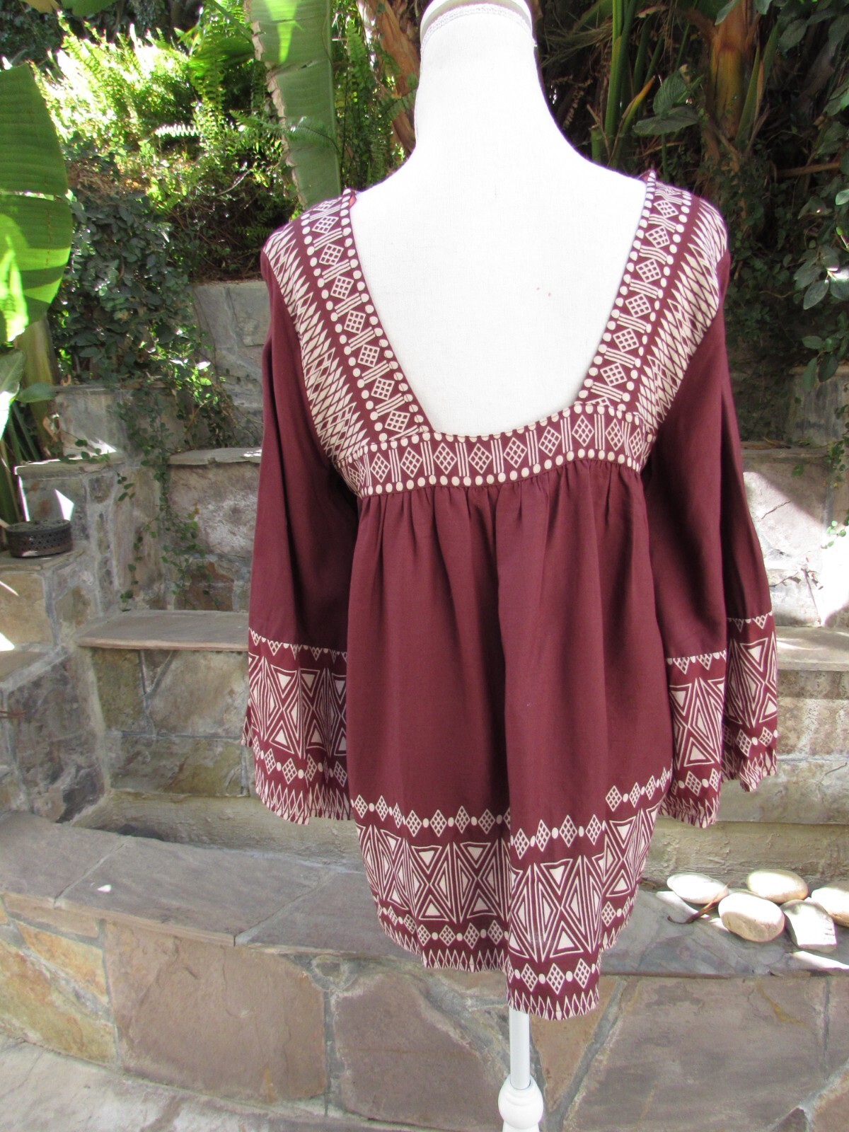 World Market Women’s Top Blouse Kimono Tunic Boho Rayon Print Maroon Size S/M