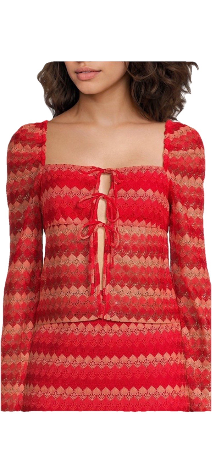 Chelsea & Violet Ally Tie Front Top Womens L Flame Red Pink Lace Pointelle