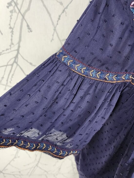 Lemon Ginger Midnight Blue Ethnic Embroidered Flowy Bohemian Top | Women’s M