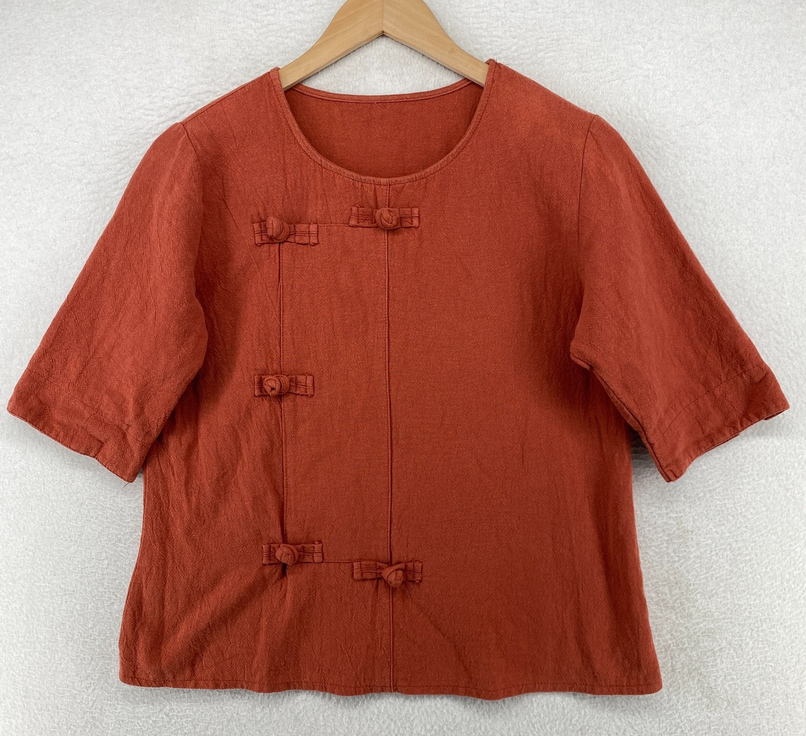 Korean Blouse M Textured Boxy Top Knot Button Detail Short Sleeve Rust Orange
