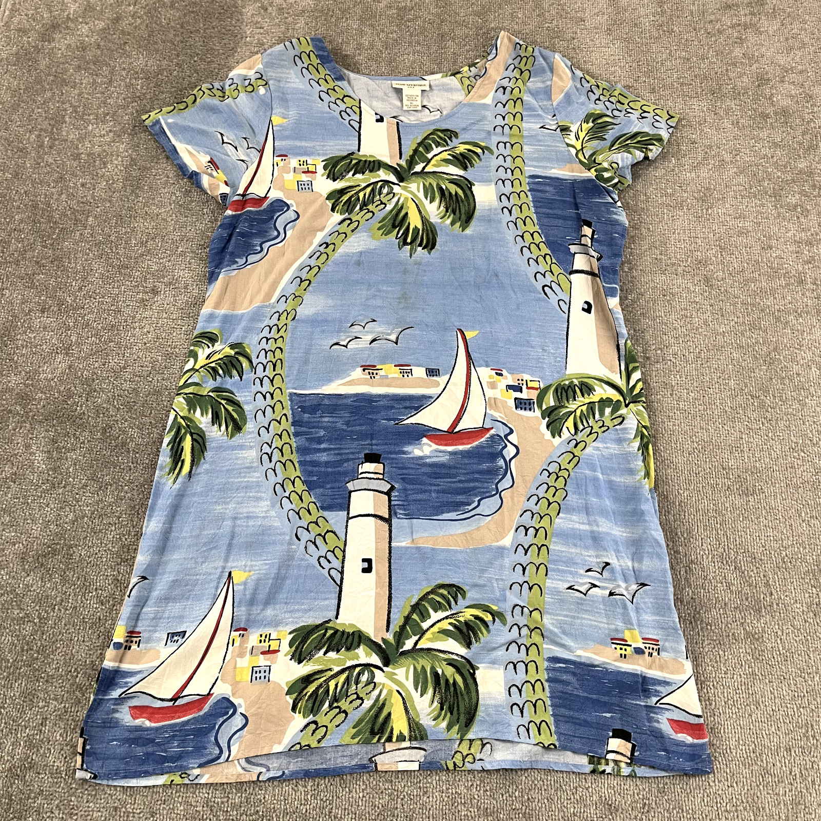 CLUB MYSTIQUE Top Womens XL Blue Beach Hawaiian Tropical 33″ Micro Dress Tunic