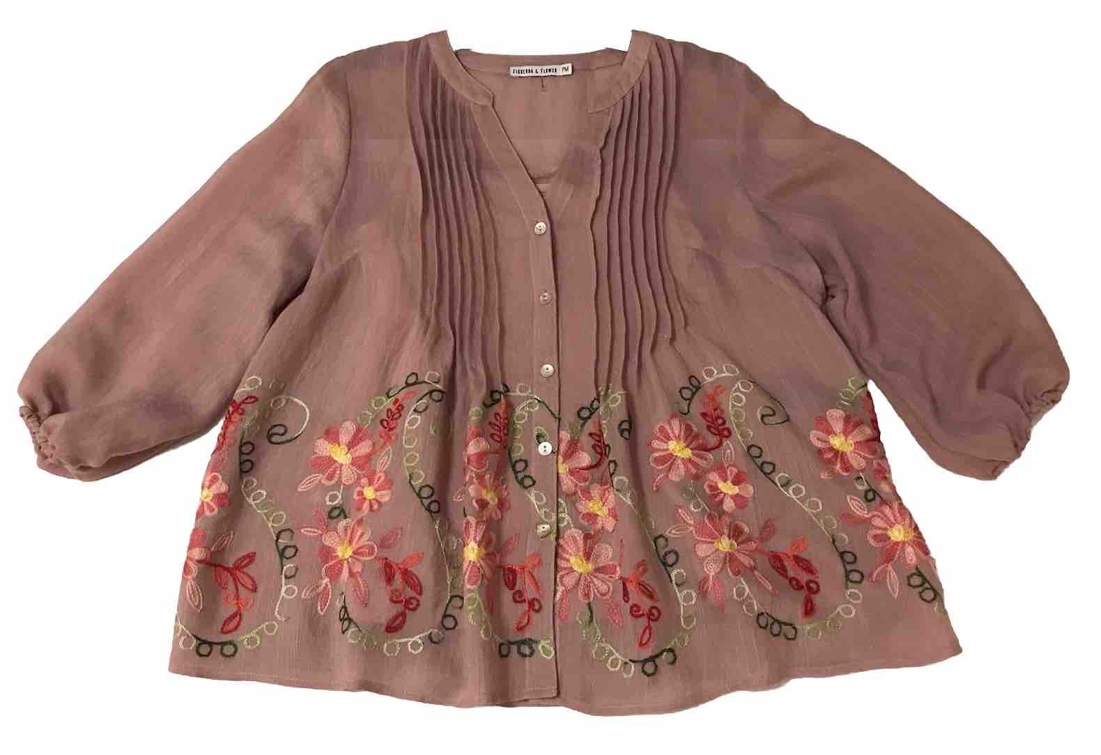 Figueroa & Flower Embroidered Blouse & Camisole Sz PM Pink Peasant Cottagecore