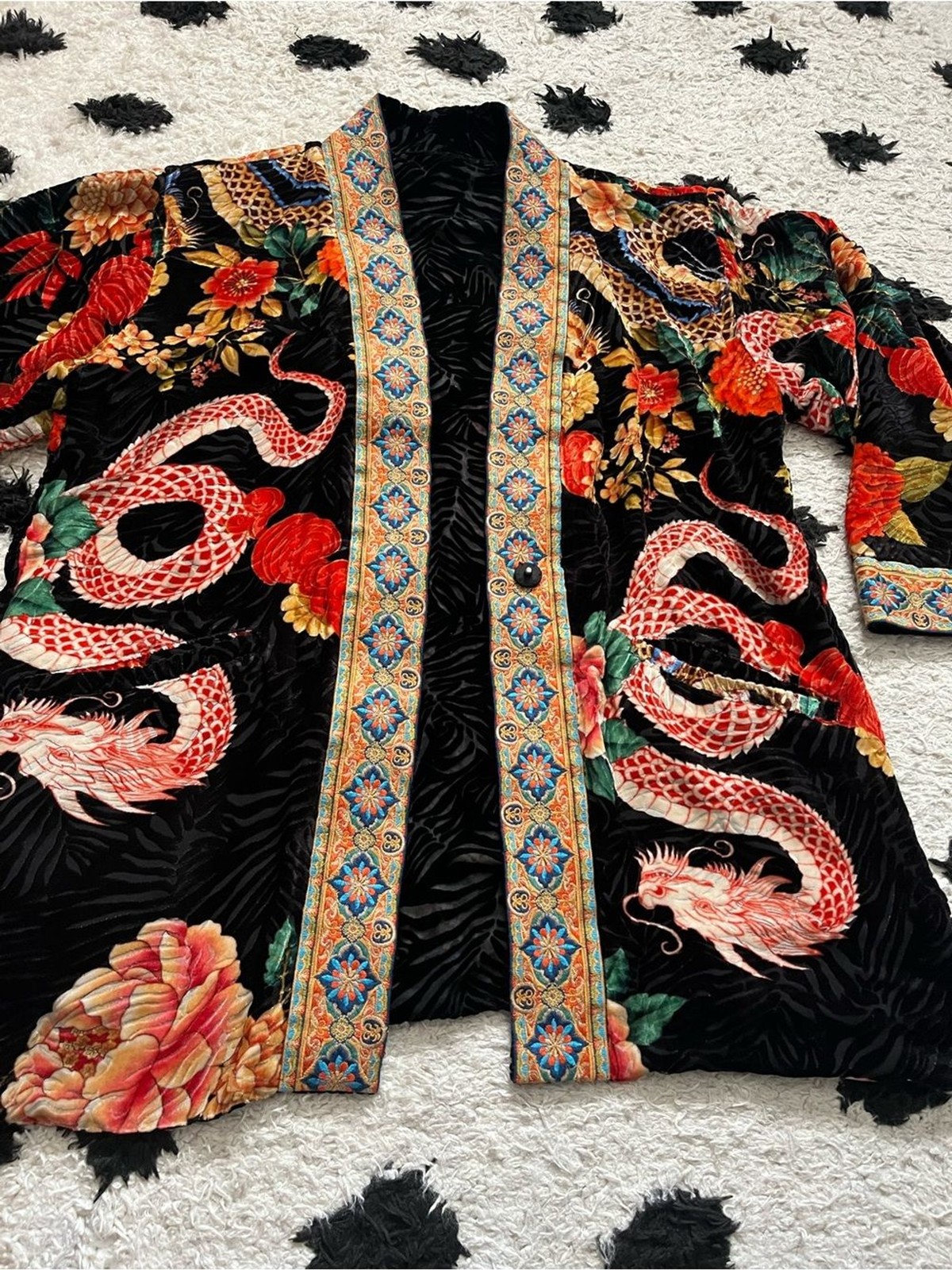 Johnny Was size XS Merhawi Kimono Black Velvet Dragon Kimono Jacket Embroidery