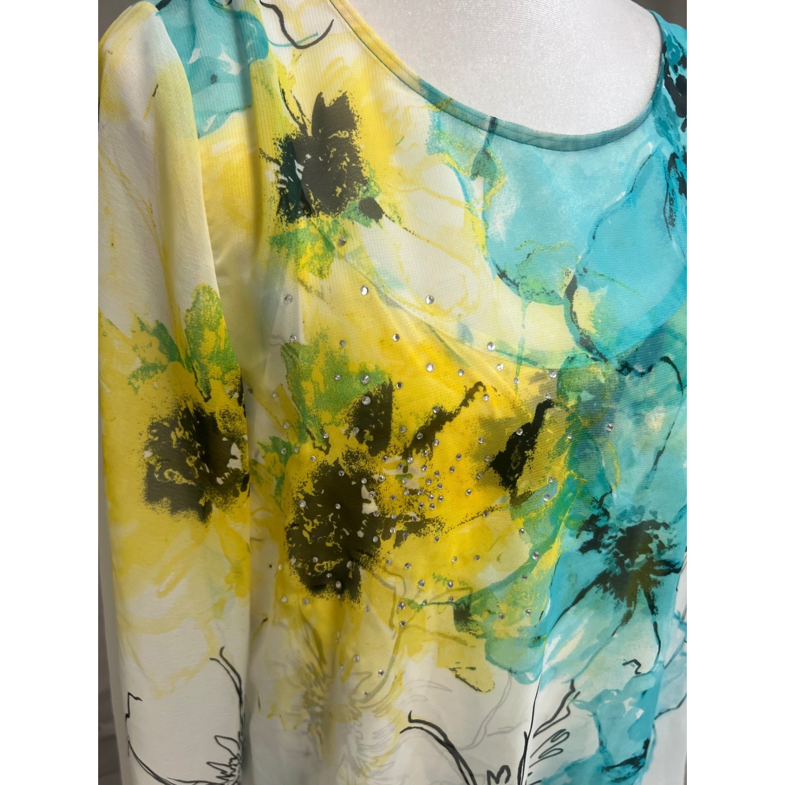 Alfani Floral Blouse Sz PM Yellow Turquoise Rhinestone Chiffon Whimsigoth Boho