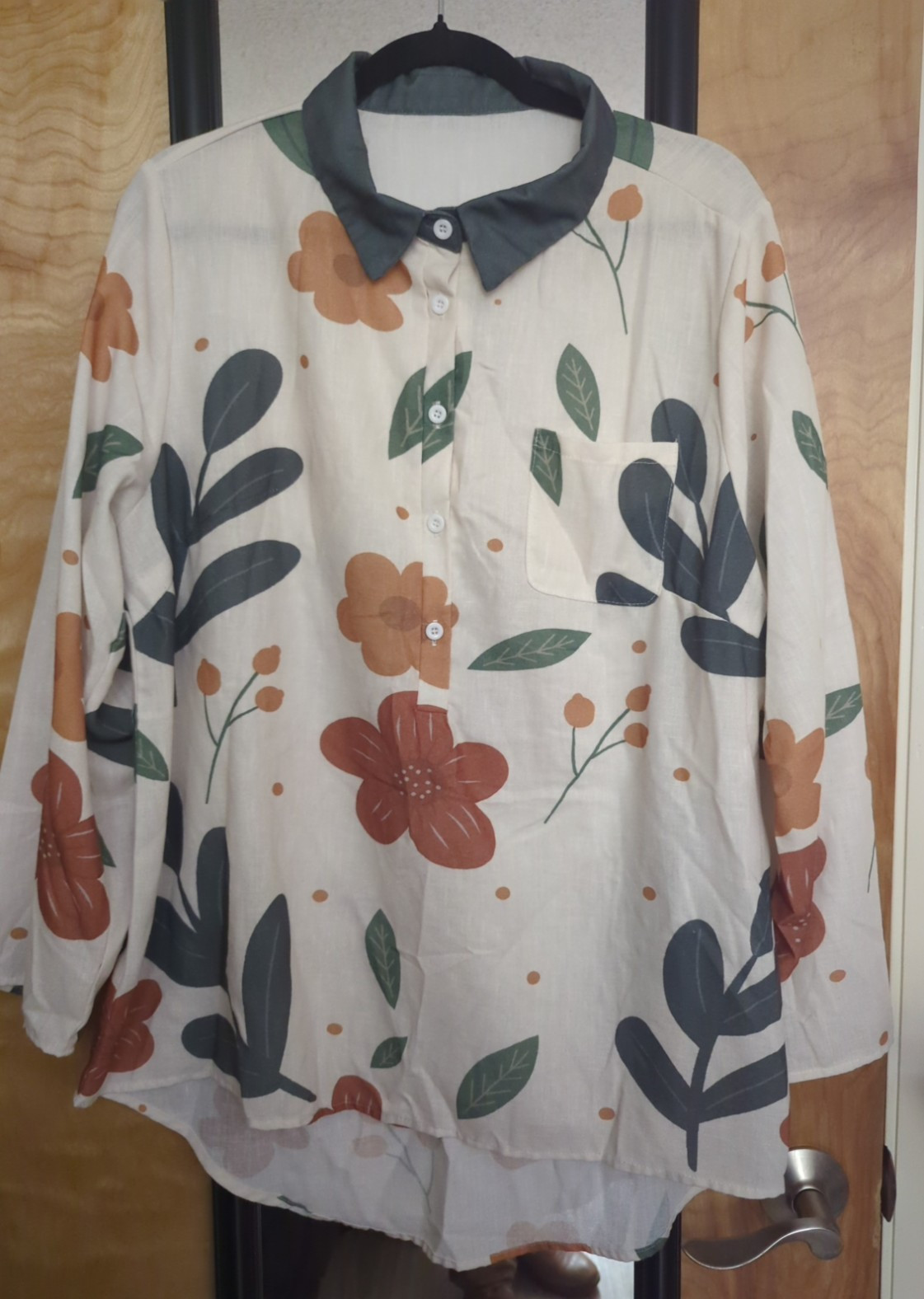 Women’s 1XL Floral Retro Half Button Collared Top Long Sleeve Linen Cotton Blend