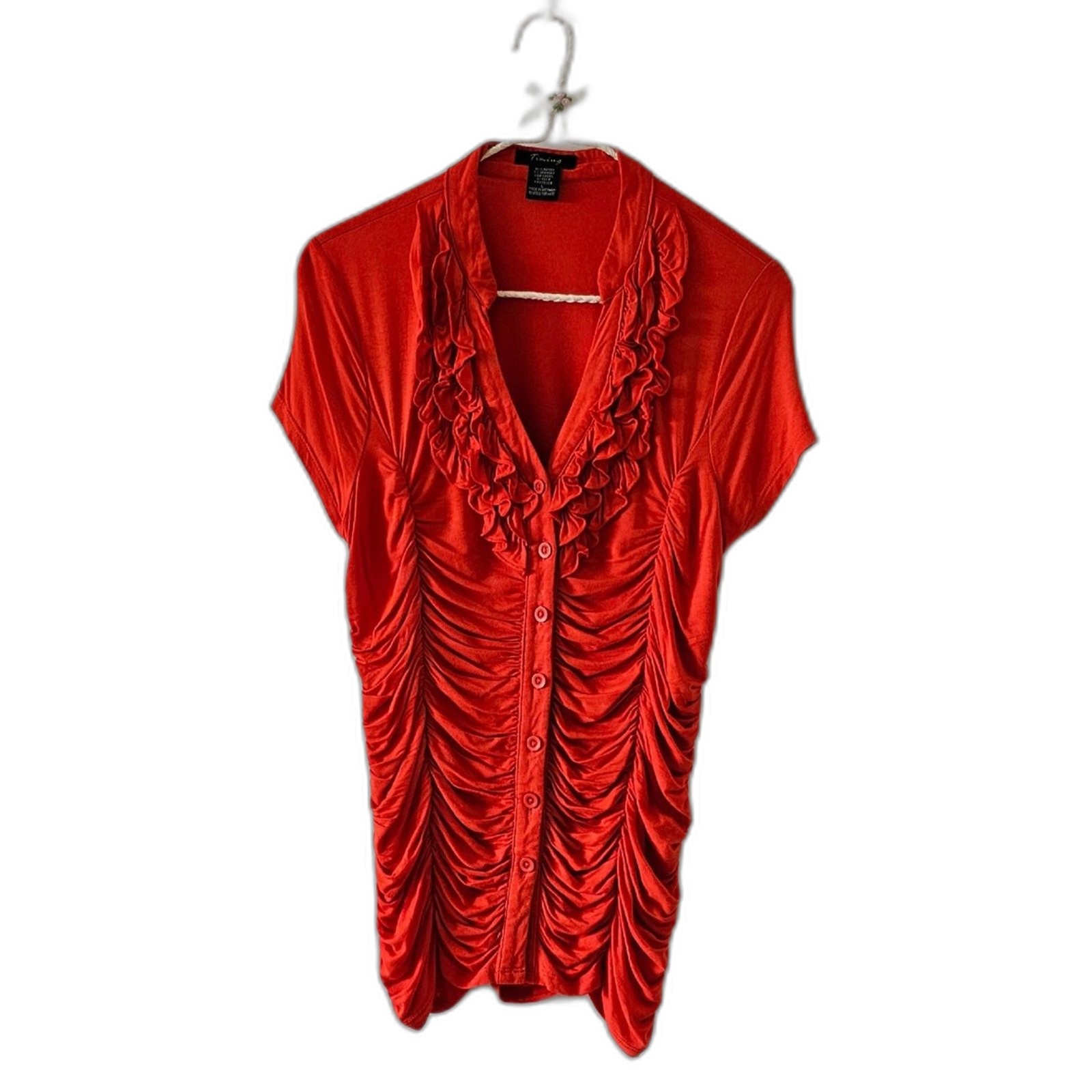 Timing Women Ruffled Orange Top Button Up V Neck Short Sleeves Size L