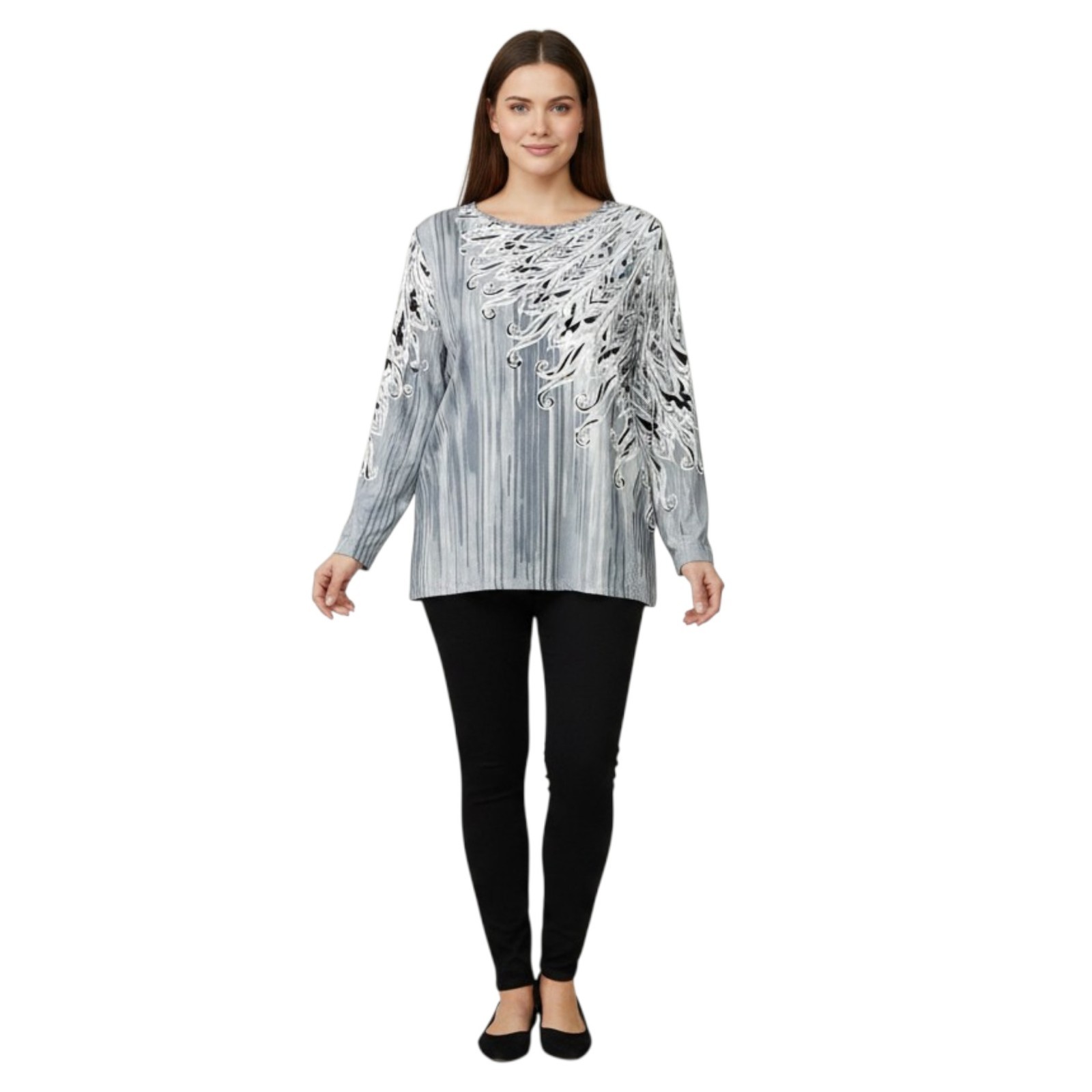 Bob Mackie Wearable Art Blouse L Feather Print Silky Stretch Office Chic Stateme