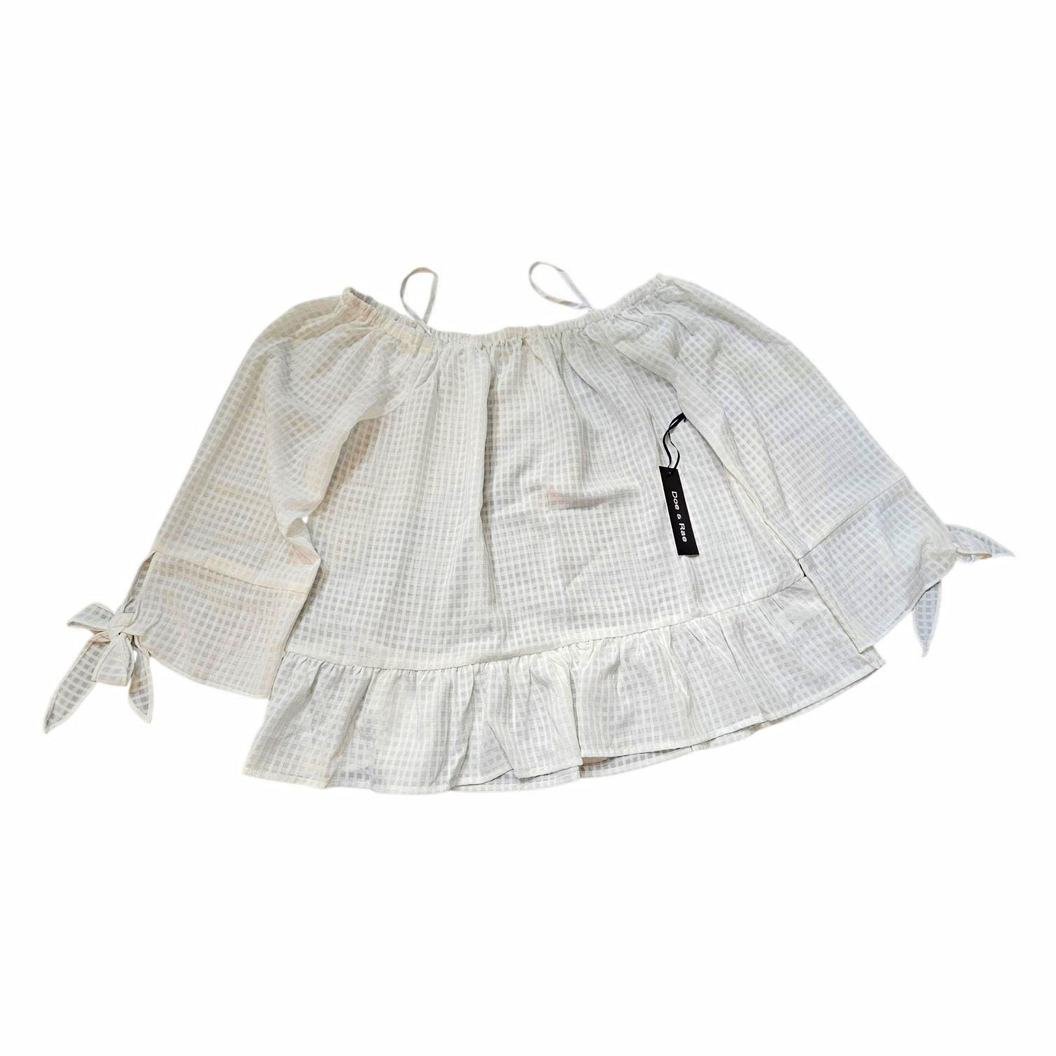 Doe & Rae White Check Blouse Square Neck 3/4 Sleeve Ruffle Hem Bow Tie Size M