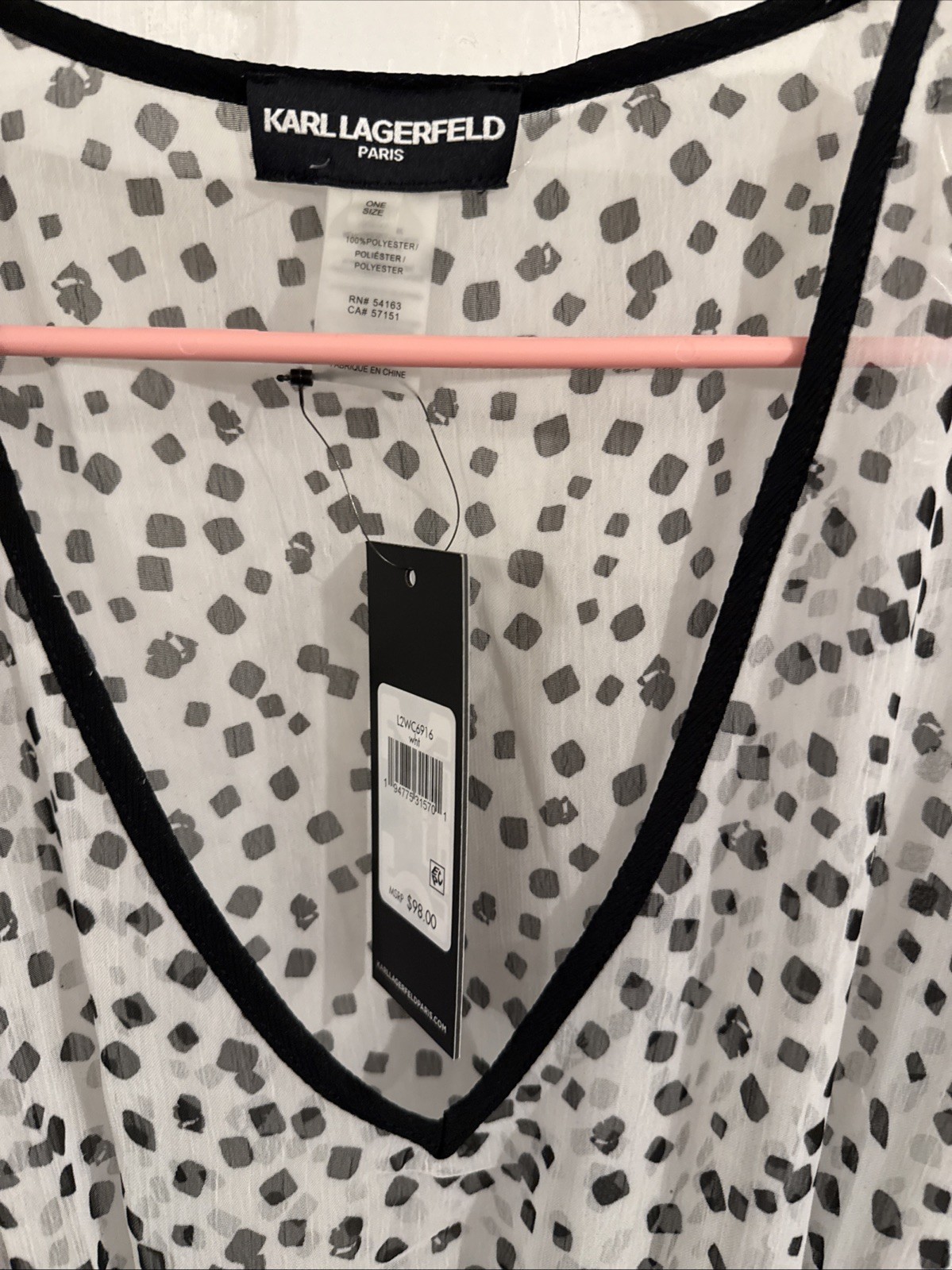 KARL LAGERFELD PARIS COVER-UP V-NECK WHITE W/BLACK GATHER TIE WAIST &TASSLES OS