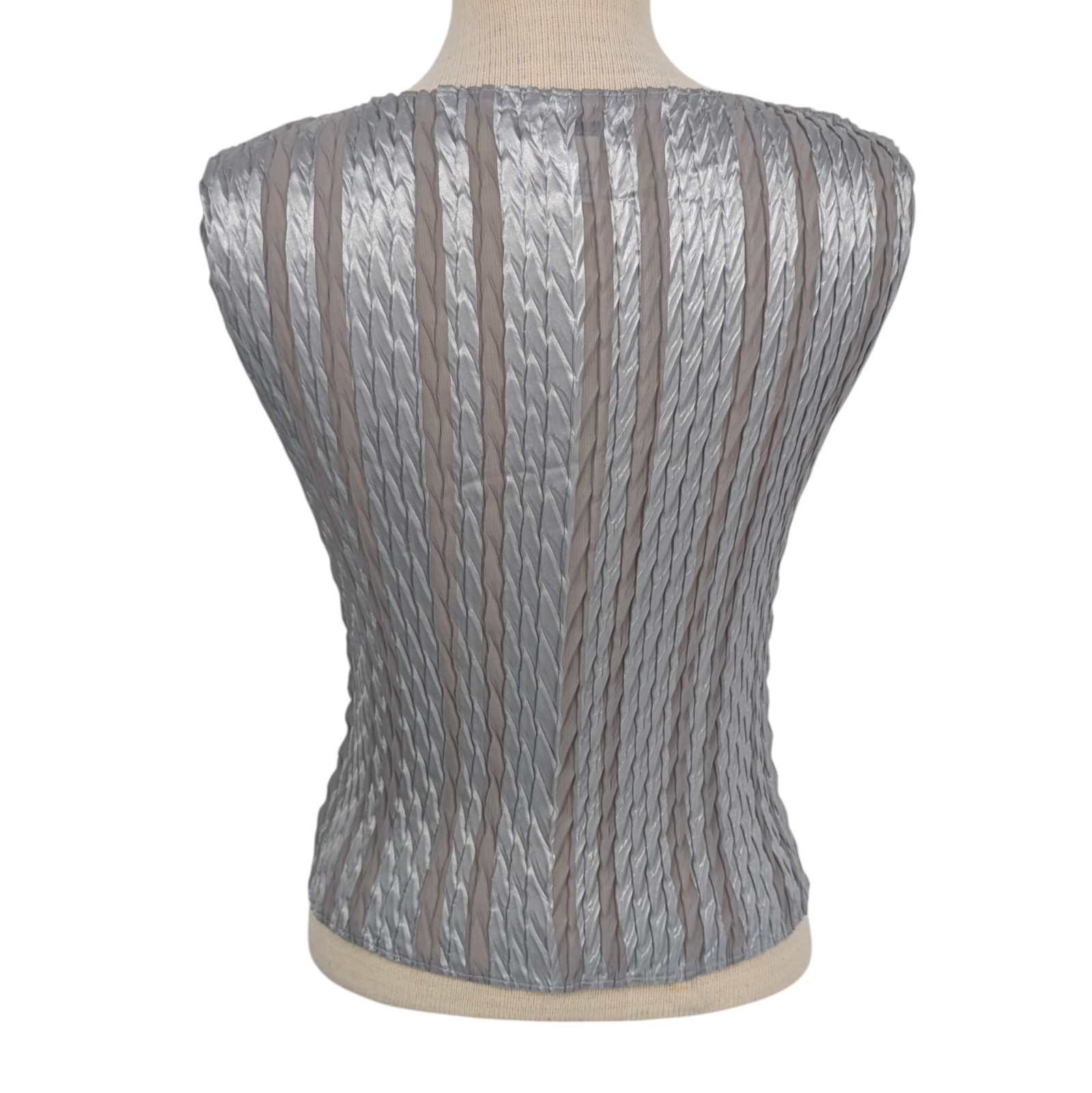 Vintage Silver Metallic Tank Top S Crinkle Satin Sheer Mesh Cyber Y2K Club Glam