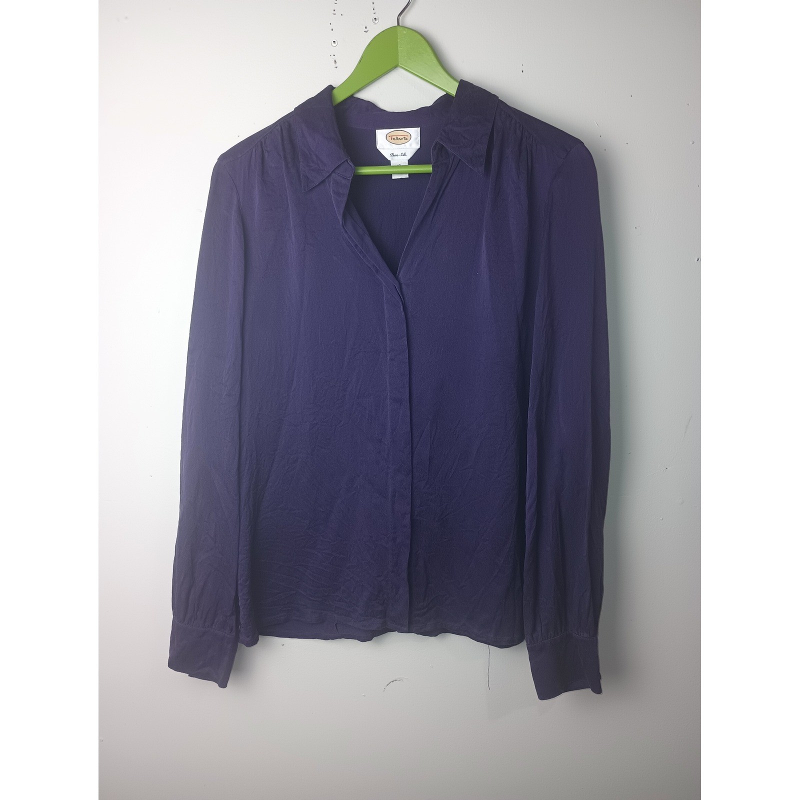Talbots Pure Silk Blouse Womens 12 Purple Long Sleeve Button Down Crepe Top