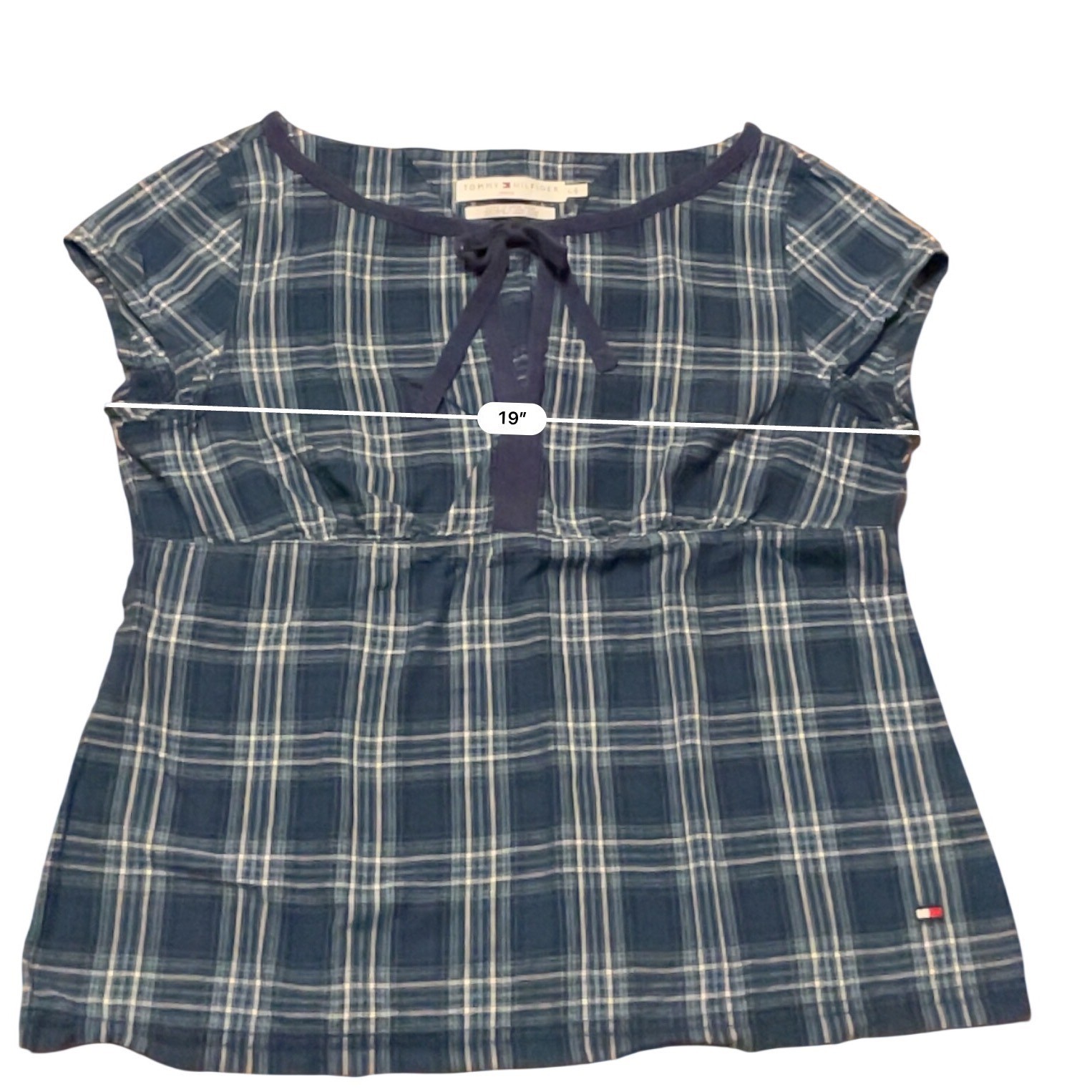 Vintage Y2K Tommy Hilfiger Plaid Top Womens Large Blue Empire Waist Tie Front