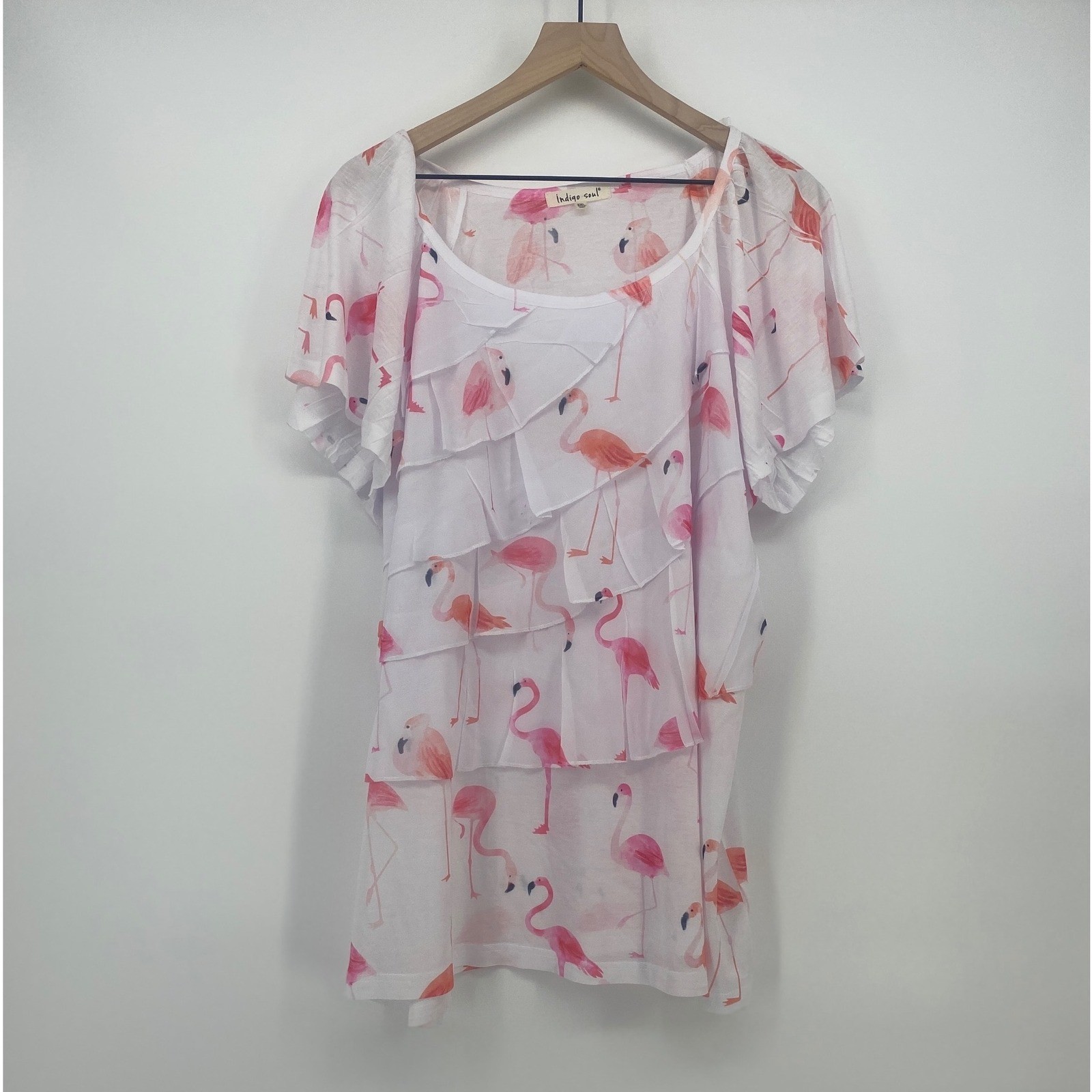 Indigo Soul Flamingo Ruffle Top 3XL White Pink Tiered Short Sleeve Blouse Good