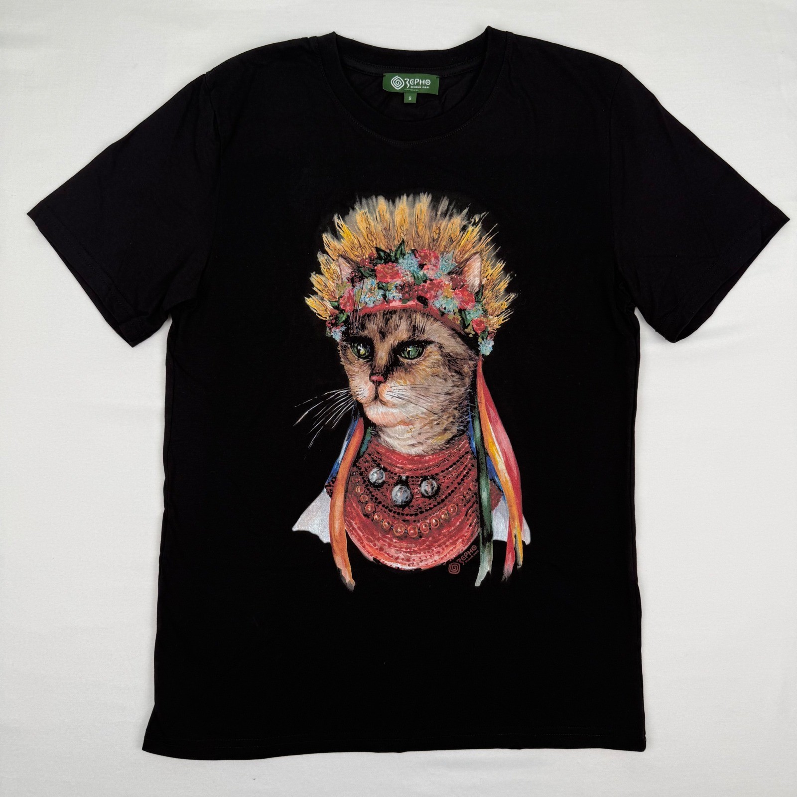 Zerno Ukraine Folk Art Cat Graphic T-Shirt Black S Soft Cotton Short Sleeve Tee