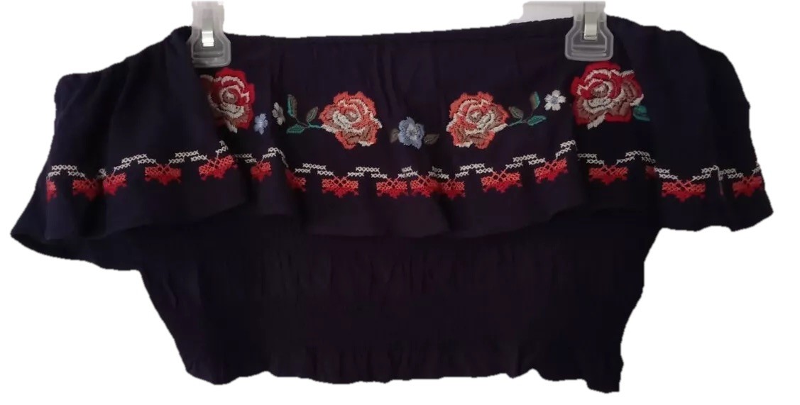 Xhilaration Top XL New Blue Boho Hippie Embroidered Off Shoulder Cropped Shirt