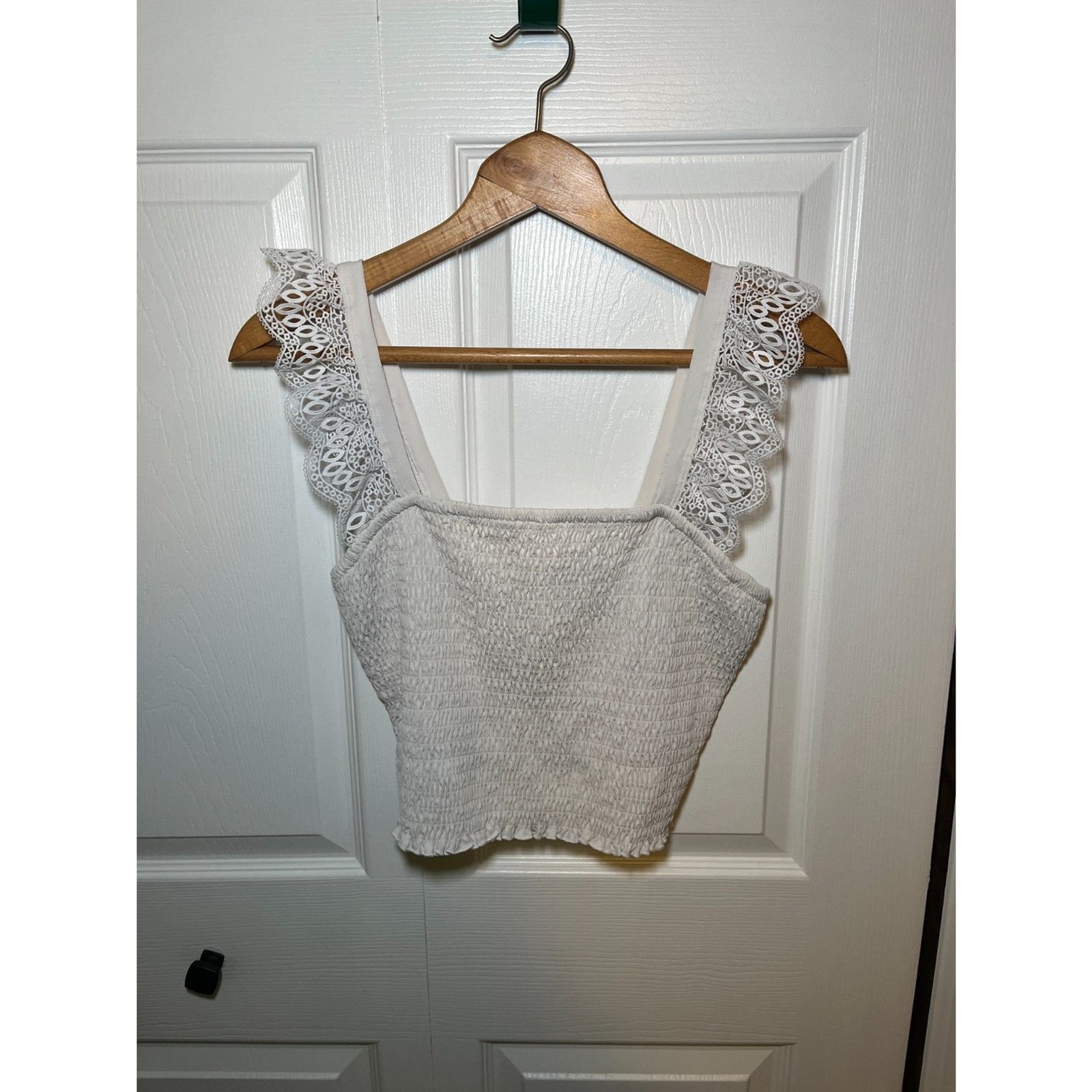 Express White Smocked Lace Strap Crop Top Womens Size Large Boho