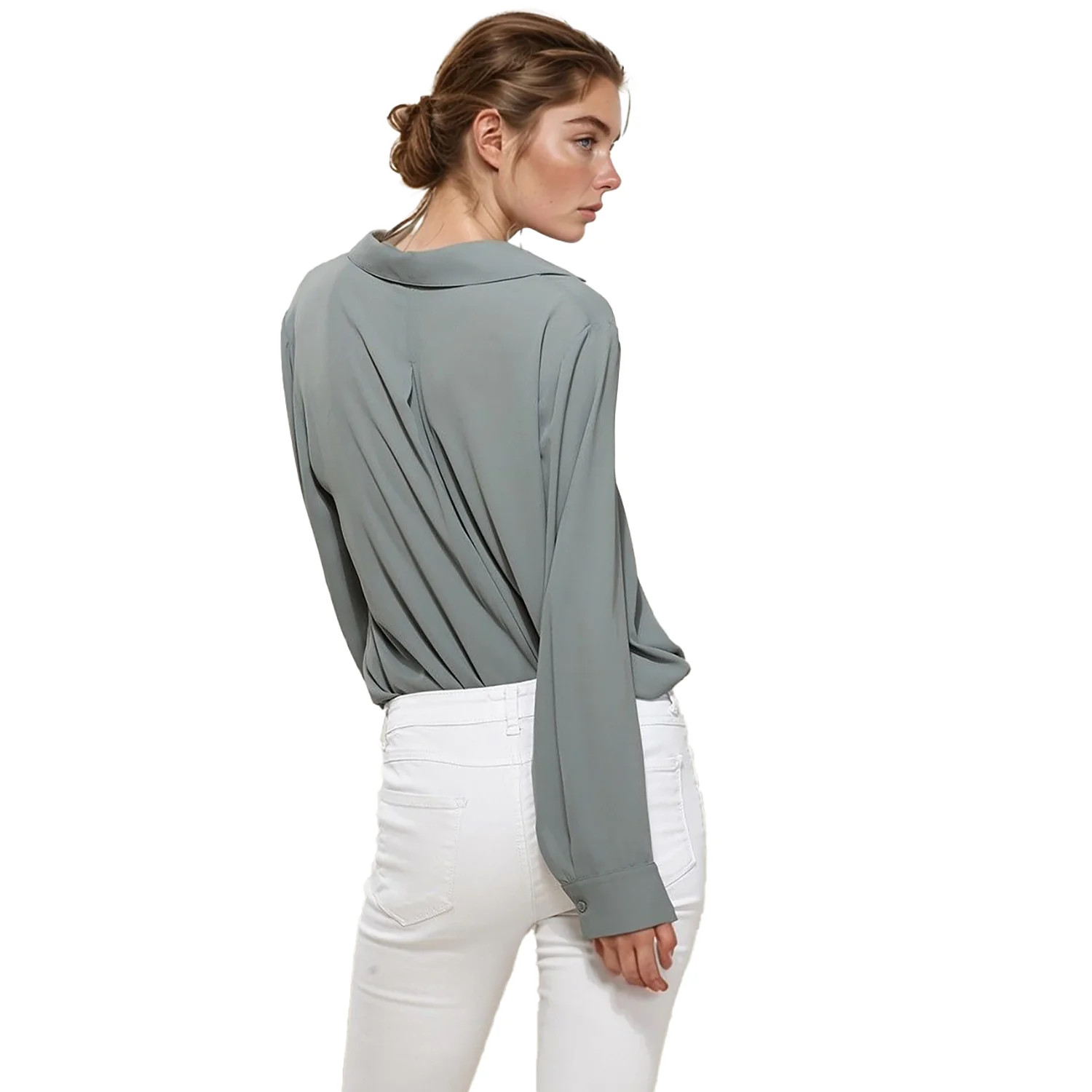 Pleione V-Neck Front Placket Long Sleeve Blouse