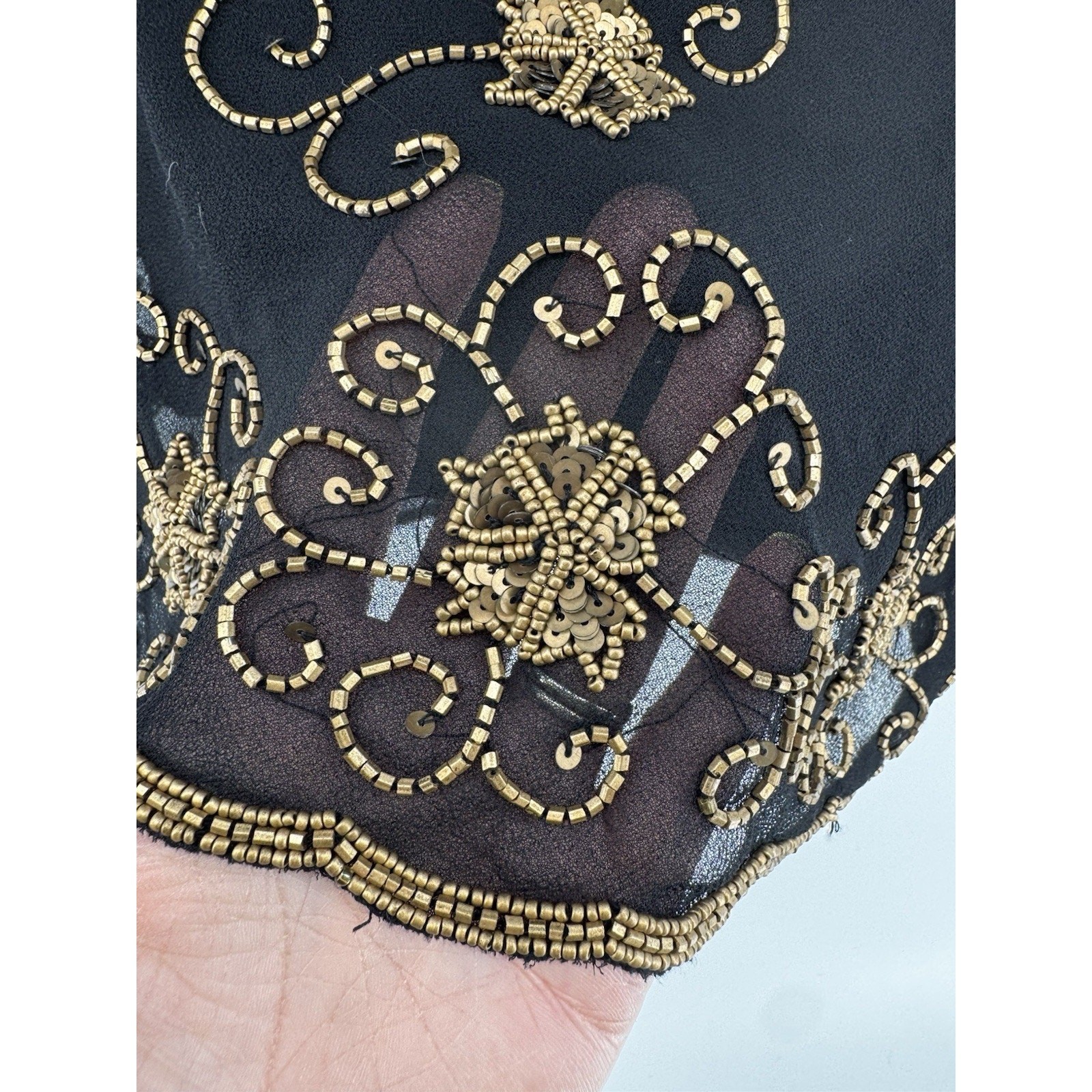 Jacques Vert Beaded Top Sheer Black Gold Beads Size 12 Vintage NWT Flaw