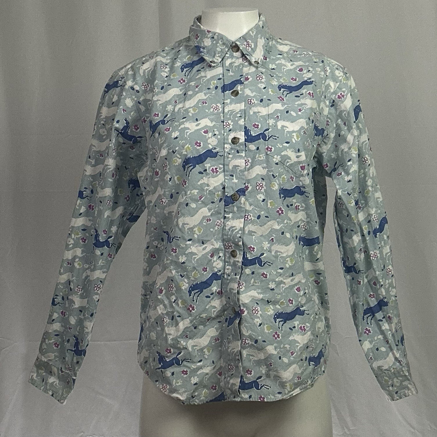 Roper Five Star Shirt Button Front Western Horse Blue 100% Cotton Vintage 90s M