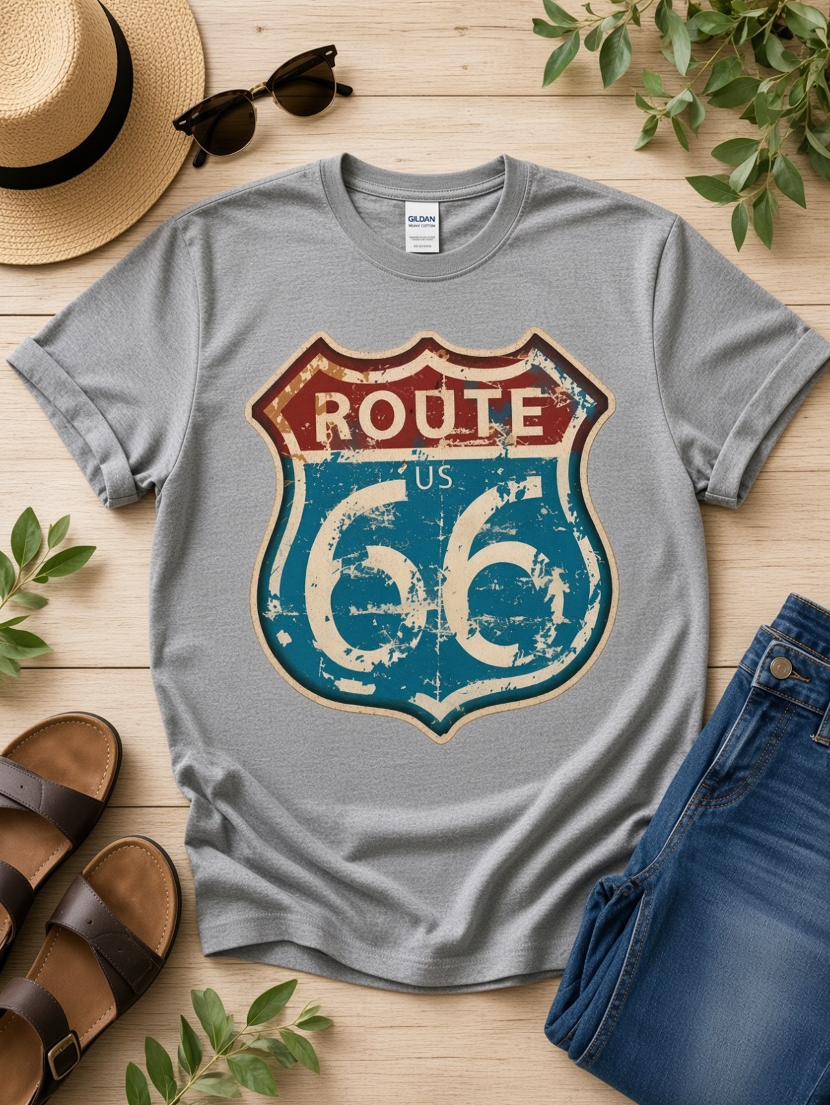 Route 66 T-Shirt | Vintage US Highway Sign Tee Sport Gray