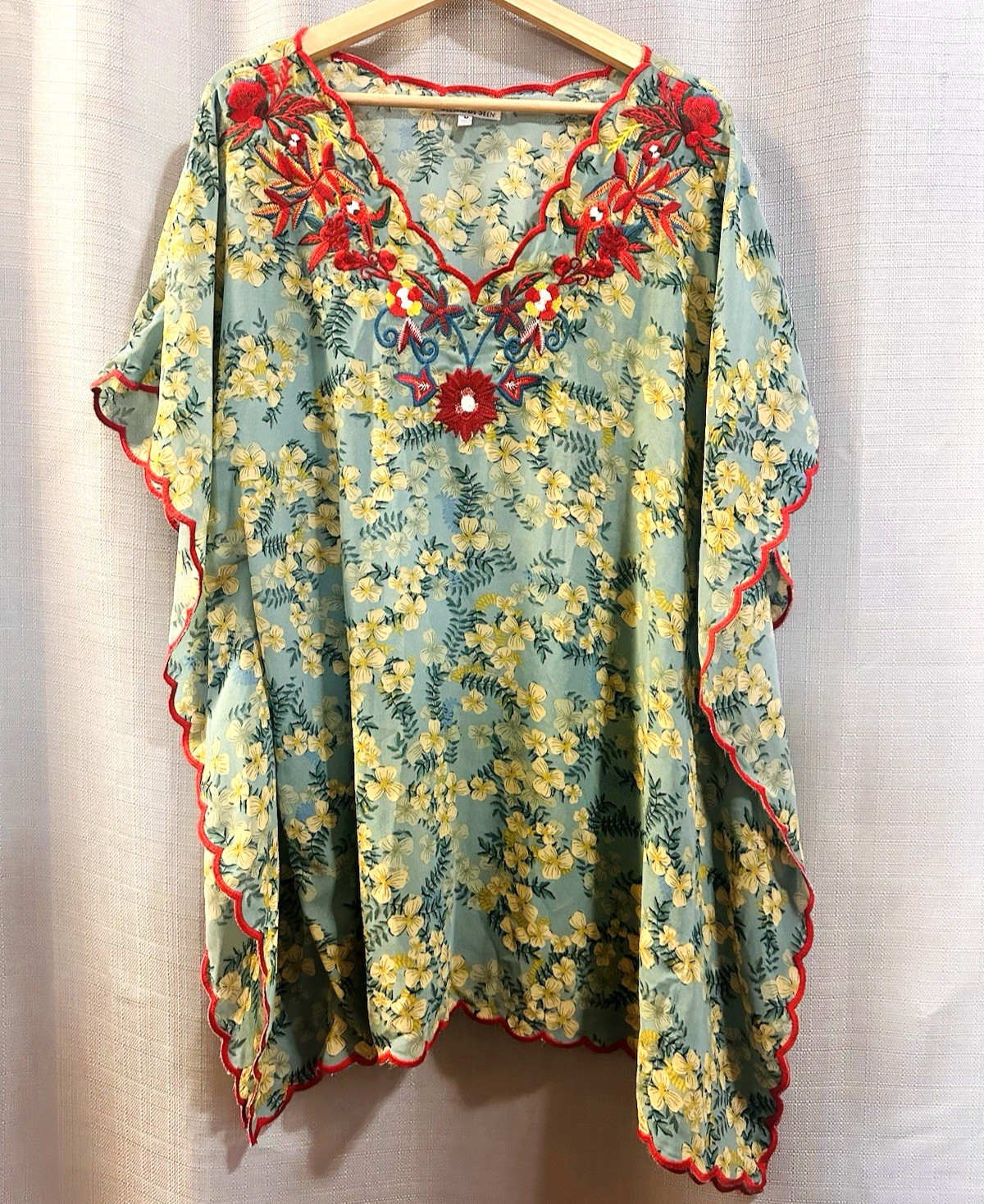 See and Be Seen Tunic Swim Coverup Sz M Sheer Floral Embroidered Bat Wing Gypsy