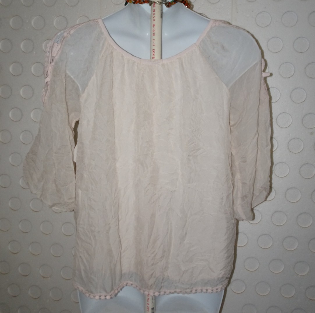 Meo Meli 16753 Silk & Crochet Lace Pale Pink Cold Shoulder Blouse Top L *