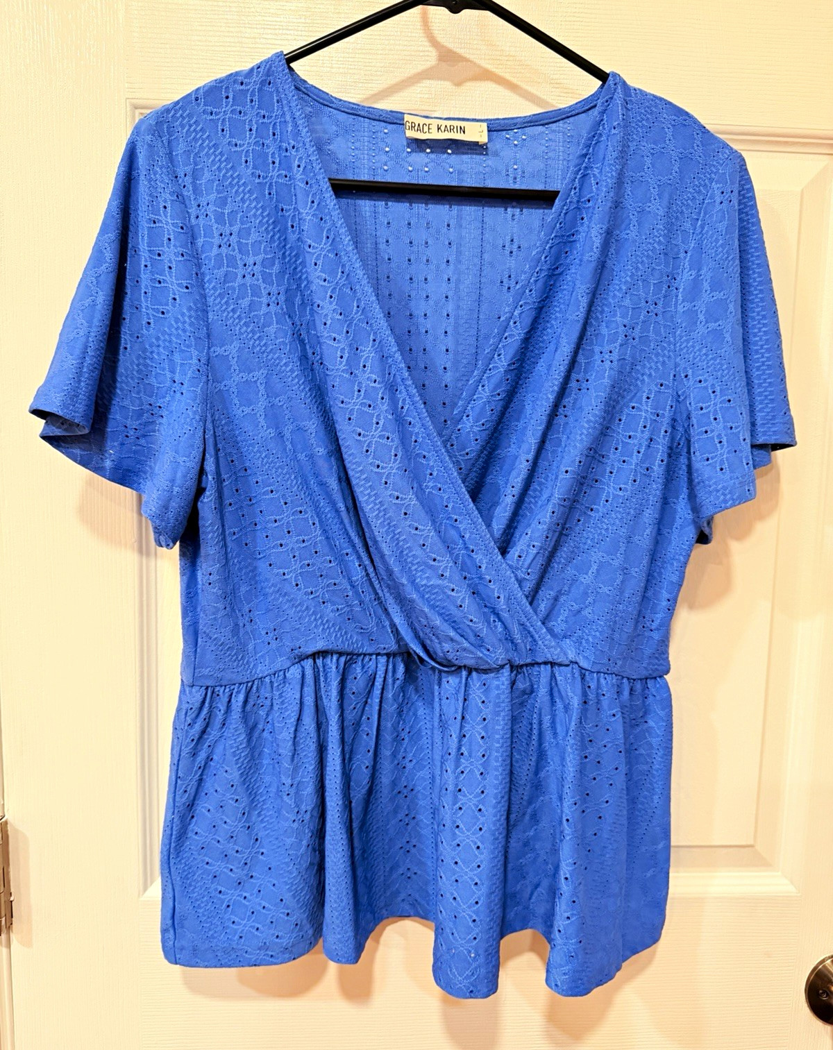 Grace Karin Women’s Maternity L Blue Eyelet Lace V-Neck Short Sleeve Blouse