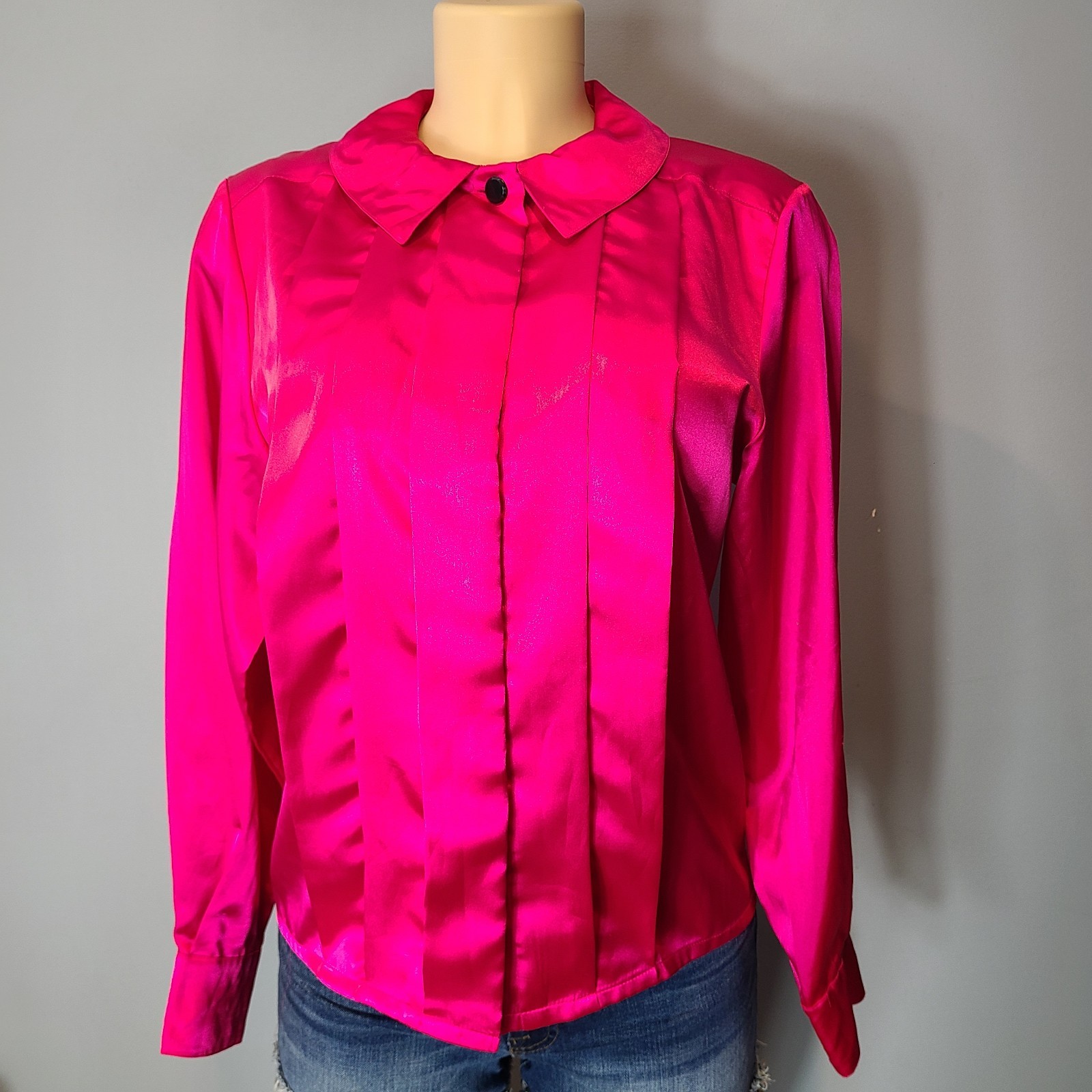 Vtg 80s 90s Top Satin Pink Pleated Retro Pink Statement Tailored Collared Sz M