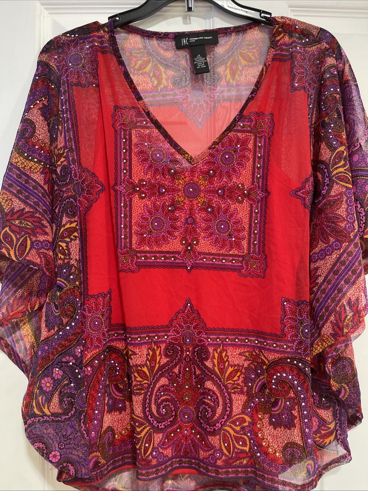 I.N.C. Internacional Concepts Beaded Red Paisley Dolman Sleeve Blouse SZ PM