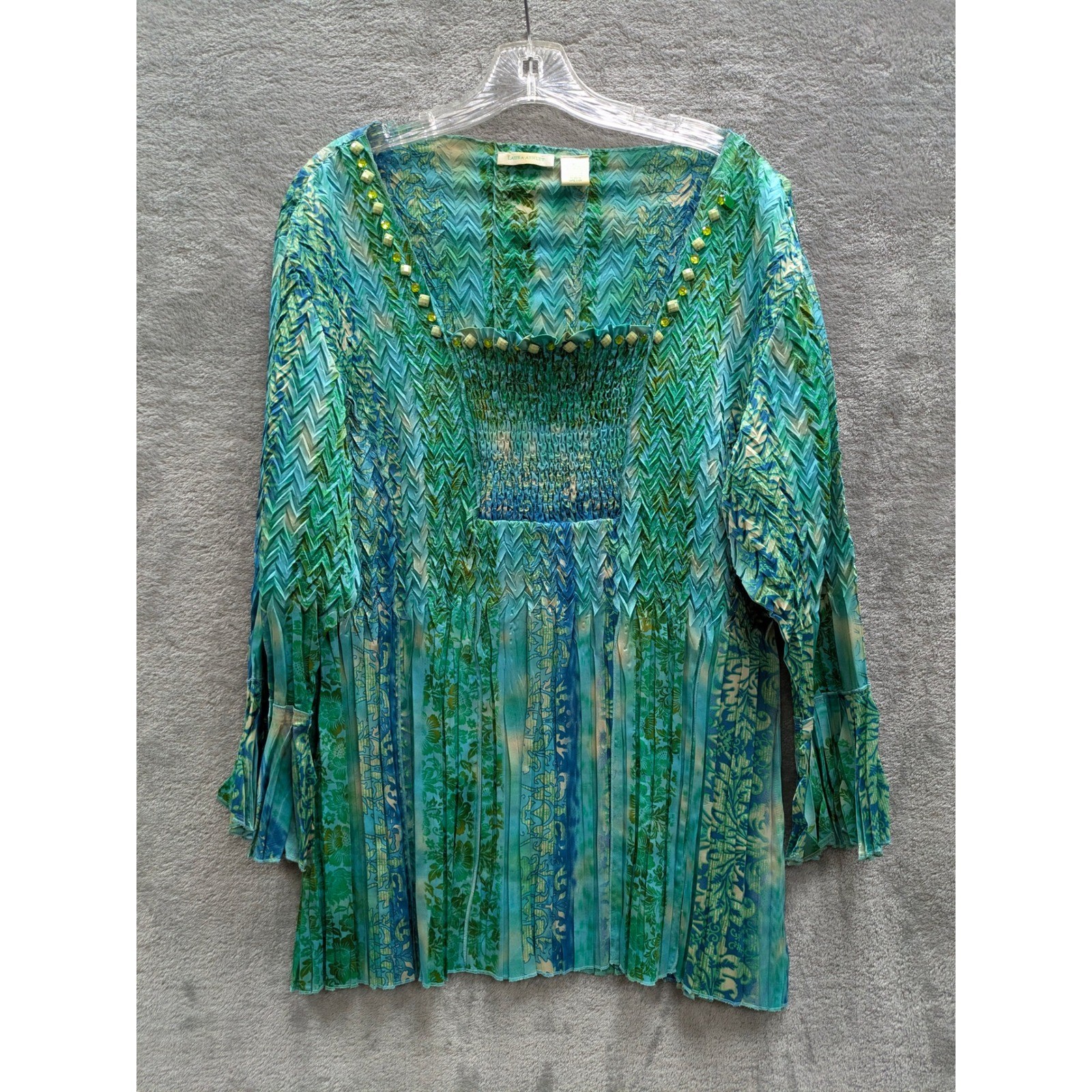 Fairycore Pleated Blouse Womens XL Blue Green Beaded Bell Sleeve Top Mermaid