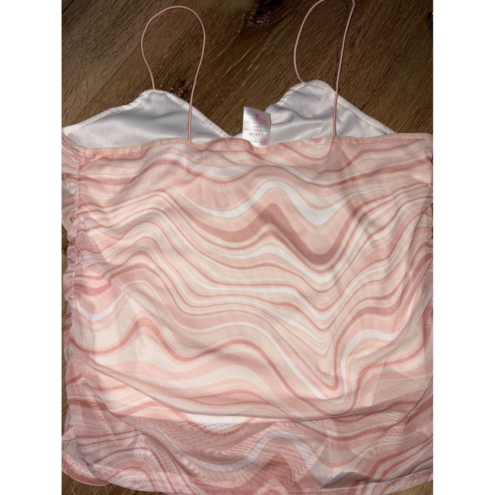 No Boundaries Pink Swirl Print Ruched Cami Crop Top Spaghetti Strap L 11-13