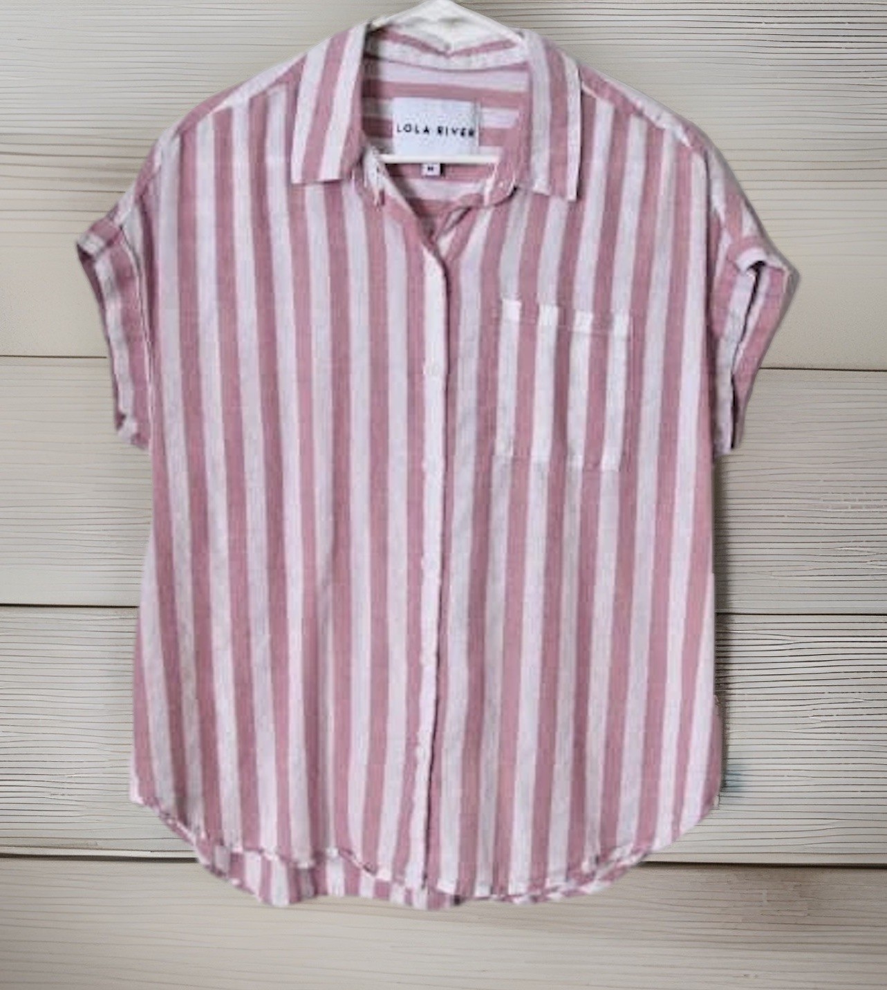 Lola River Shirt Top Women’s MED Red Striped Short Sleeve Button Collar