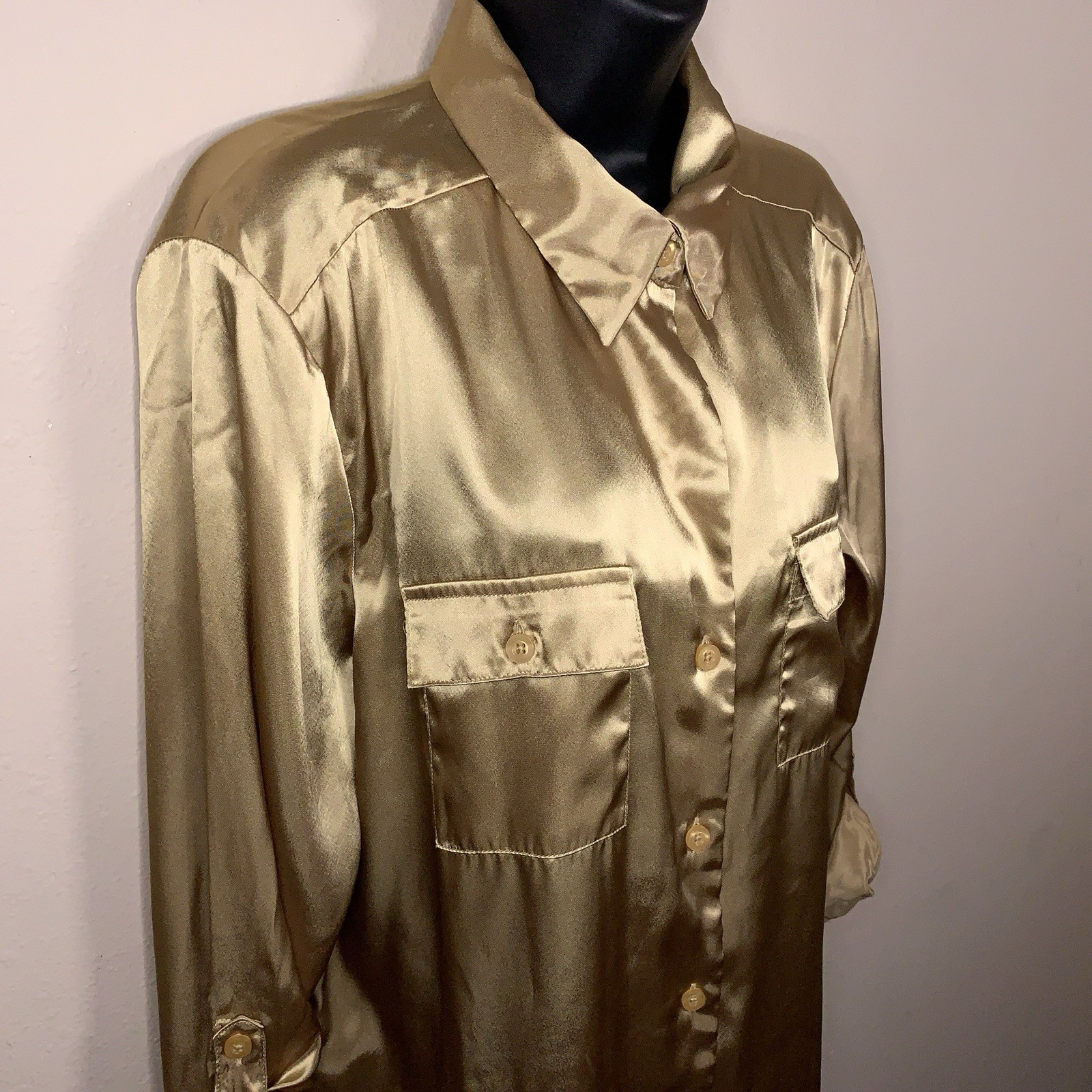 Vintage 90s Era Requirements Gold Satin Roll Tab Blouse Top Tunic Length