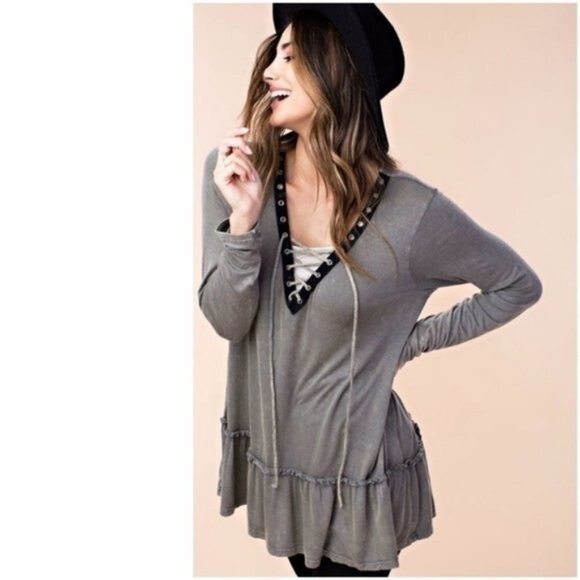 NEW Ruffle Hem Lace Up Neck Tunic Top Shirt Blouse Brown Gray Taupe Kori Small S