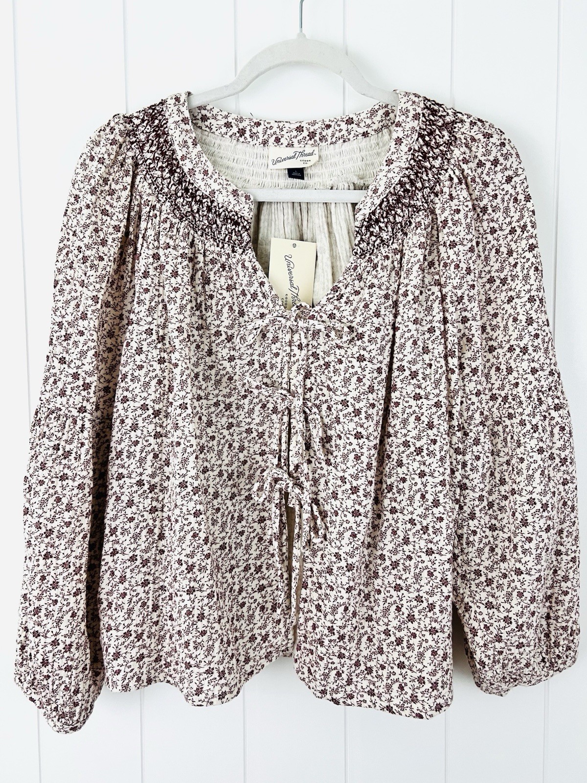 NWT Universal Thread Floral Peasant Blouse Tie Front Boho Cottagecore Sz Large