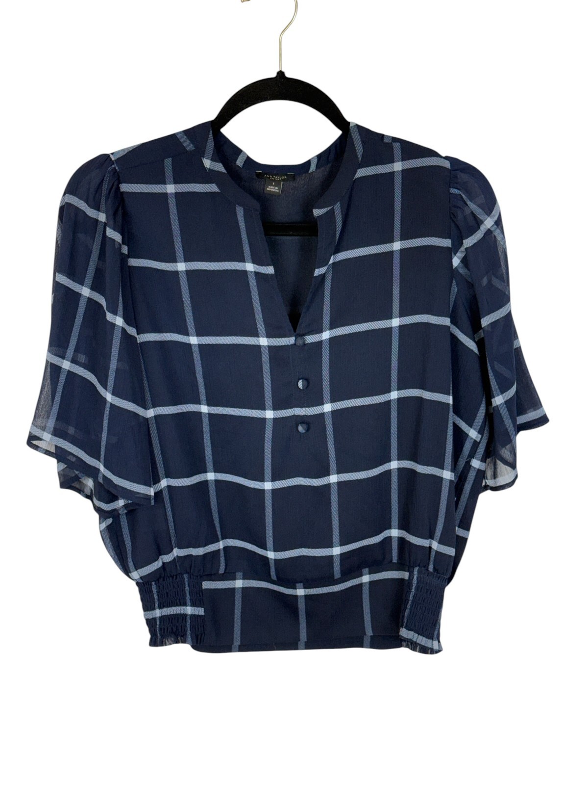Ann Taylor blouse size S navy window pane plaid semi sheer lined office casual