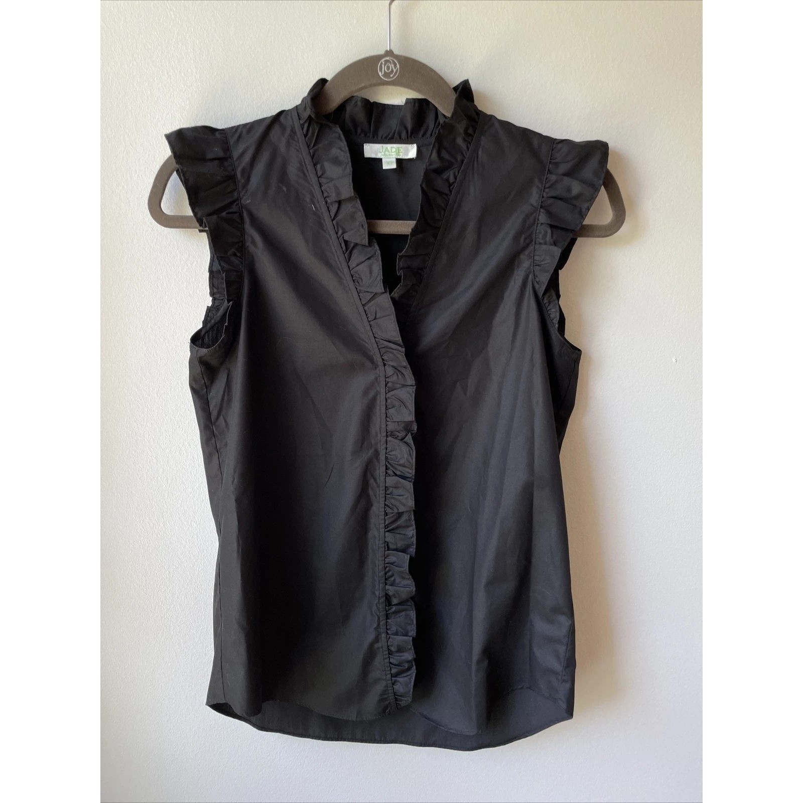 Jade Melody Tam Blouse Womens XS Black Ruffle Cap Sleeve Cotton V-Neck Chic