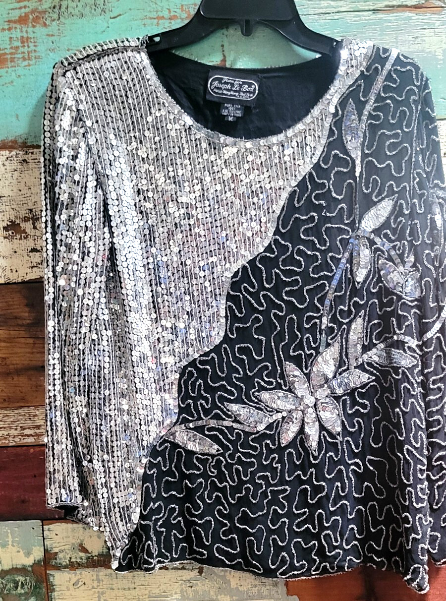 Vintage Jean for Joseph Le Bon 100% Silk Sequin Floral Beaded Blouse Y2K Vibes M