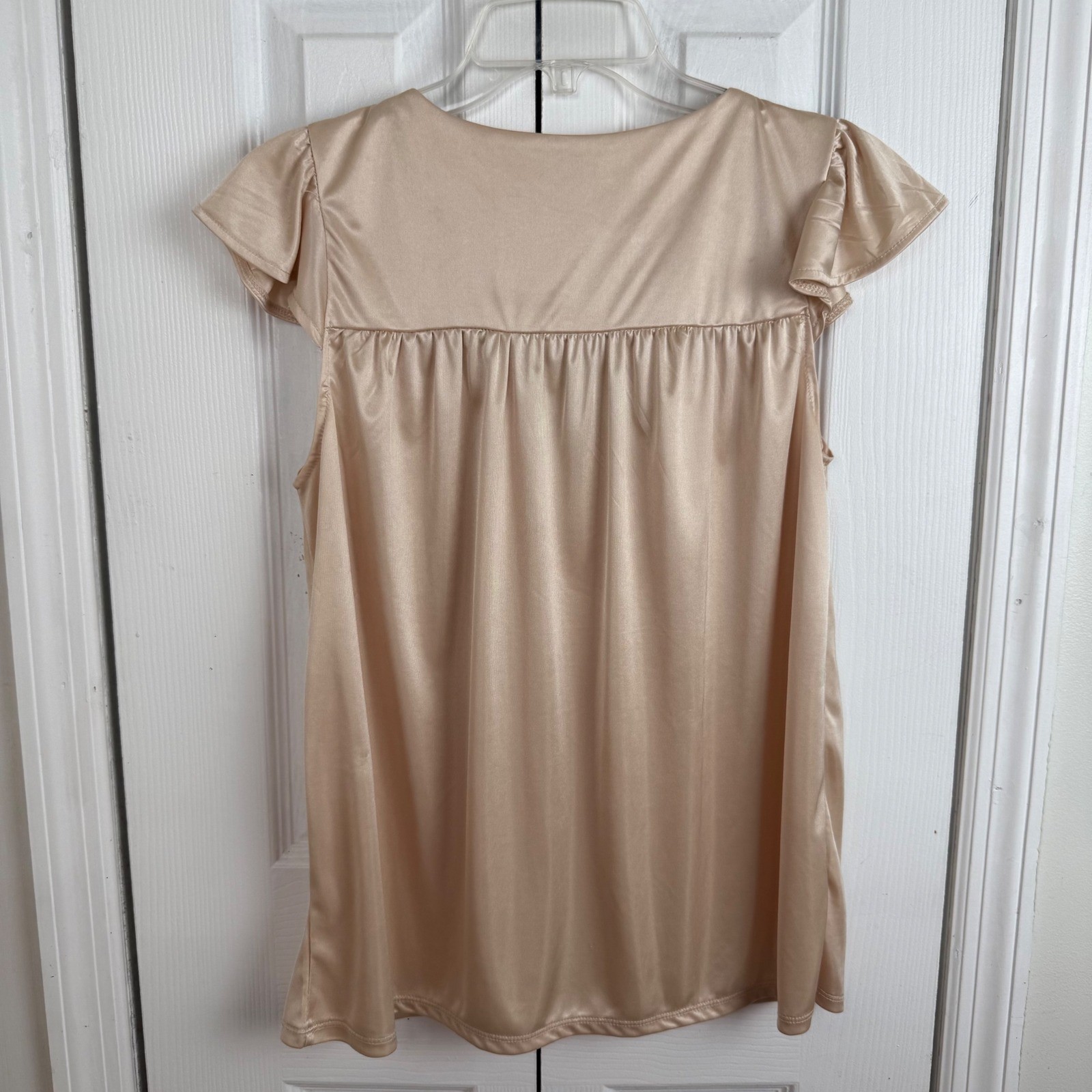 Vero Moda Champagne Satin Blouse Black Crochet Lace Yoke Flutter Sleeve Medium