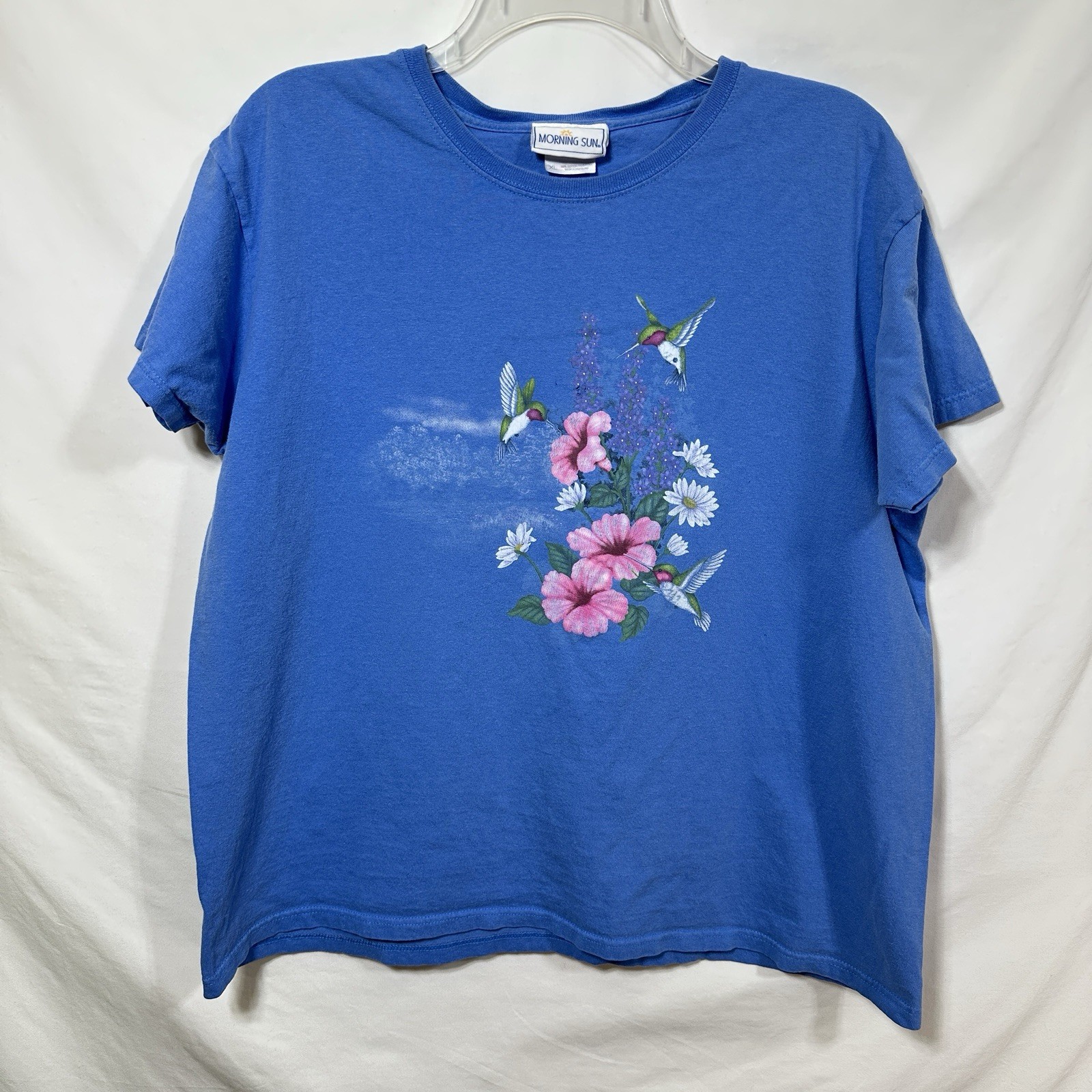 Vintage Distressed Morning Sun Women’s XL Hummingbird Floral T-Shirt Top Granny